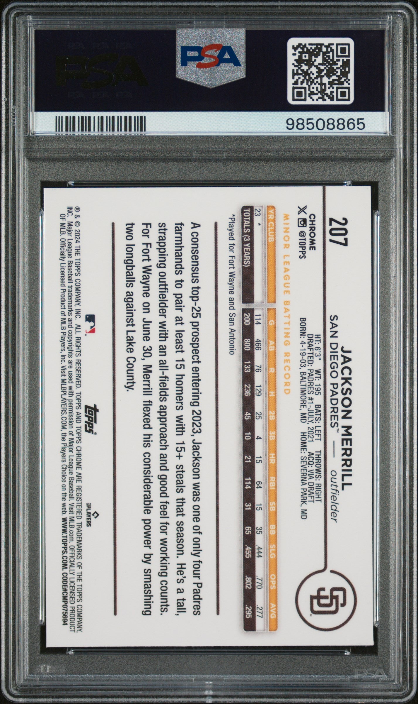 2024 Topps Chrome #207 Jackson Merrill PSA 10