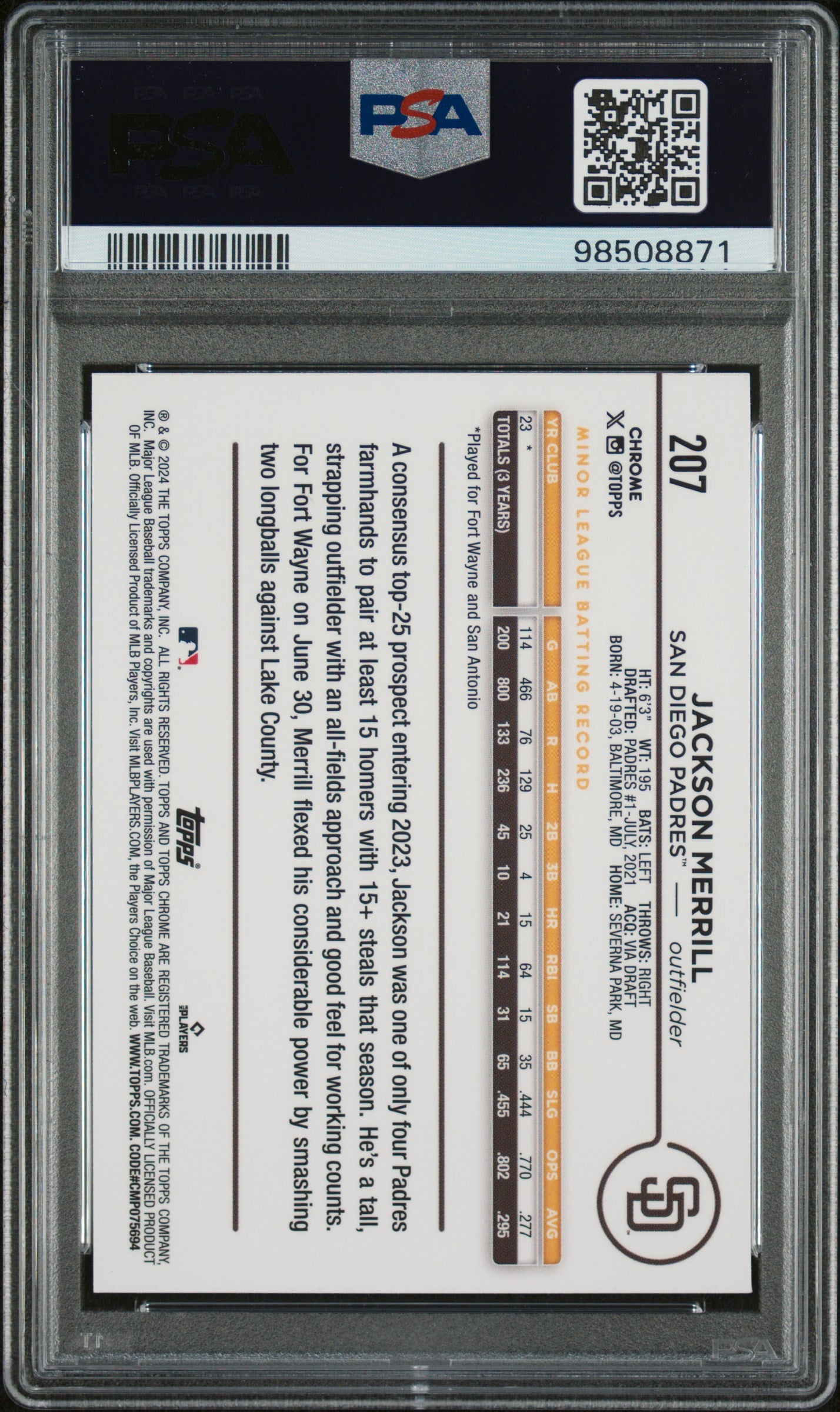 2024 Topps Chrome #207 Jackson Merrill PSA 10