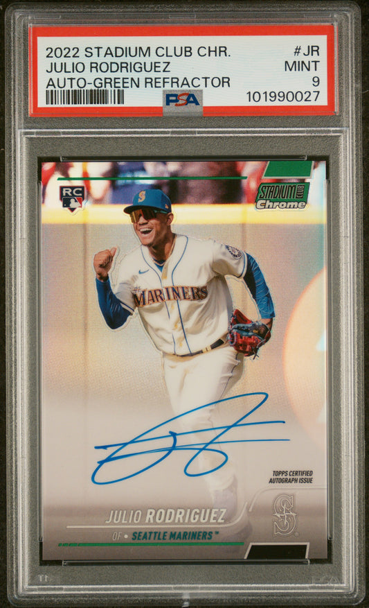 2022 Stadium Club Chrome Chrome Autographs #JR Julio Rodriguez-Green/99 PSA 9