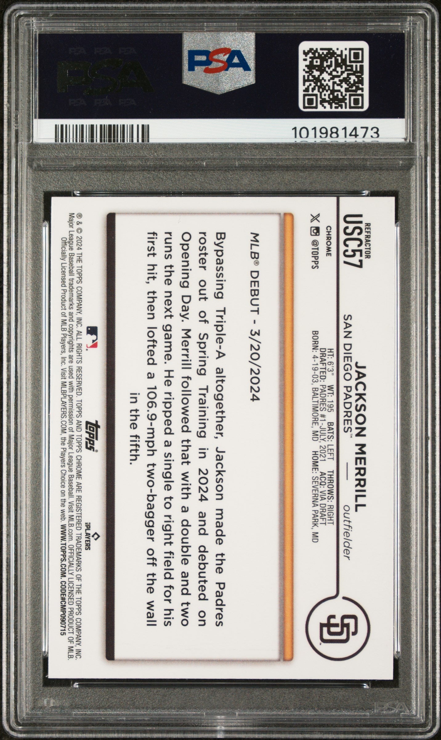 2024 Topps Chrome Update #USC57 Jackson Merrill Refractor PSA 7