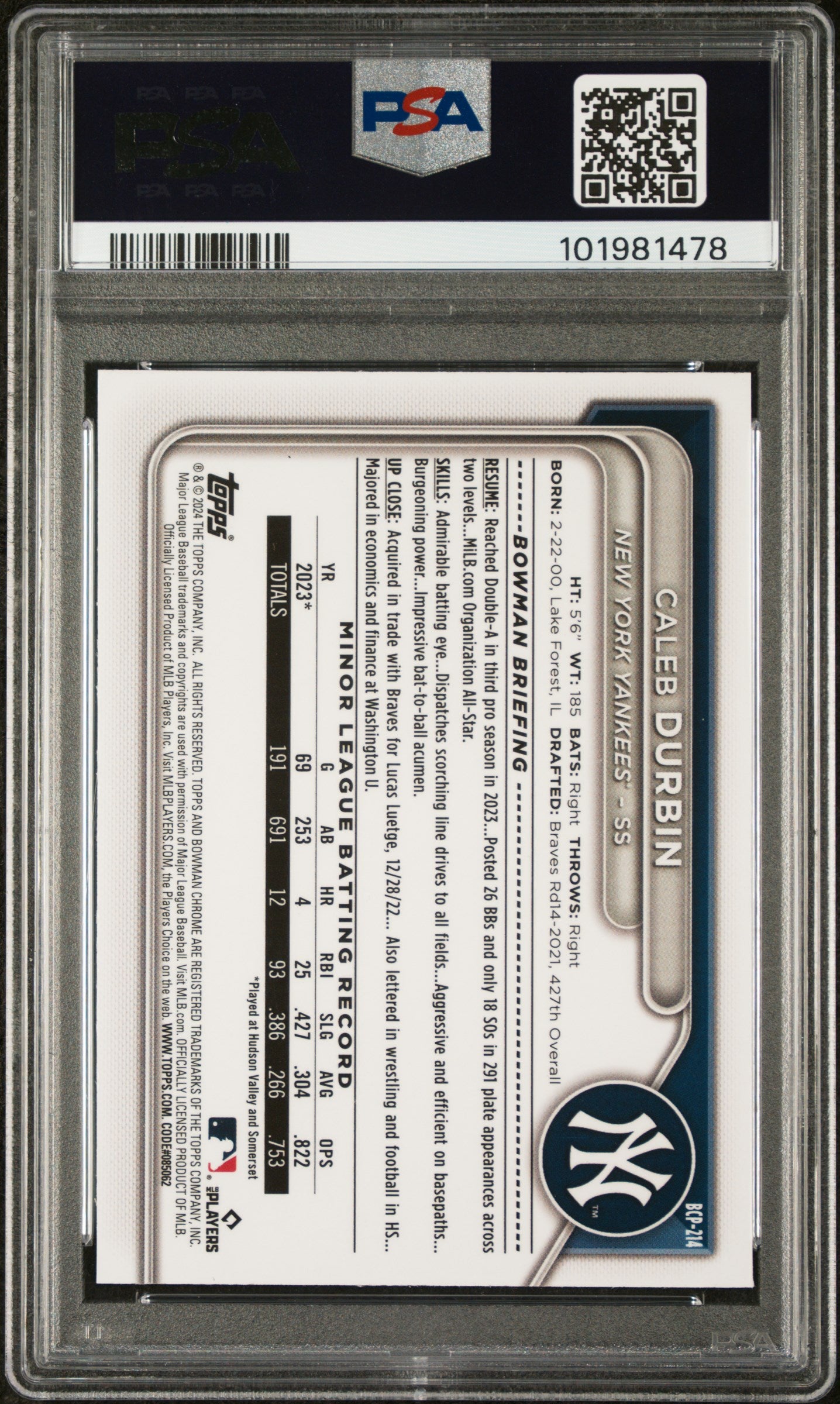 2024 Bowman Chrome Prospects #BCP214 Caleb Durbin Prospects-Speckle Ref PSA 10