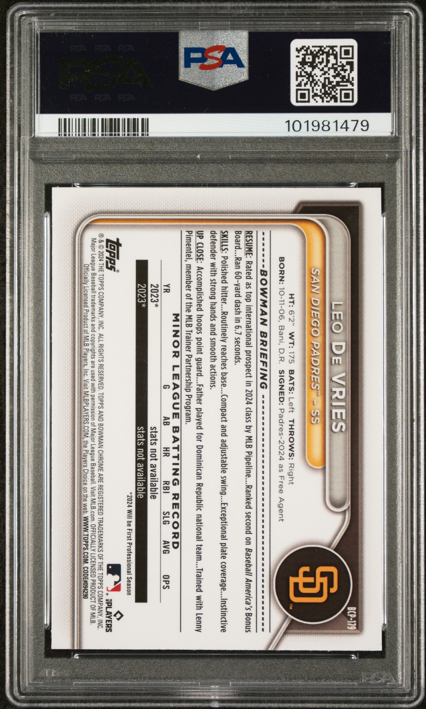 2024 Bowman Mega Box Chrome Prospects #179 Leo De Vries Prospects PSA 10
