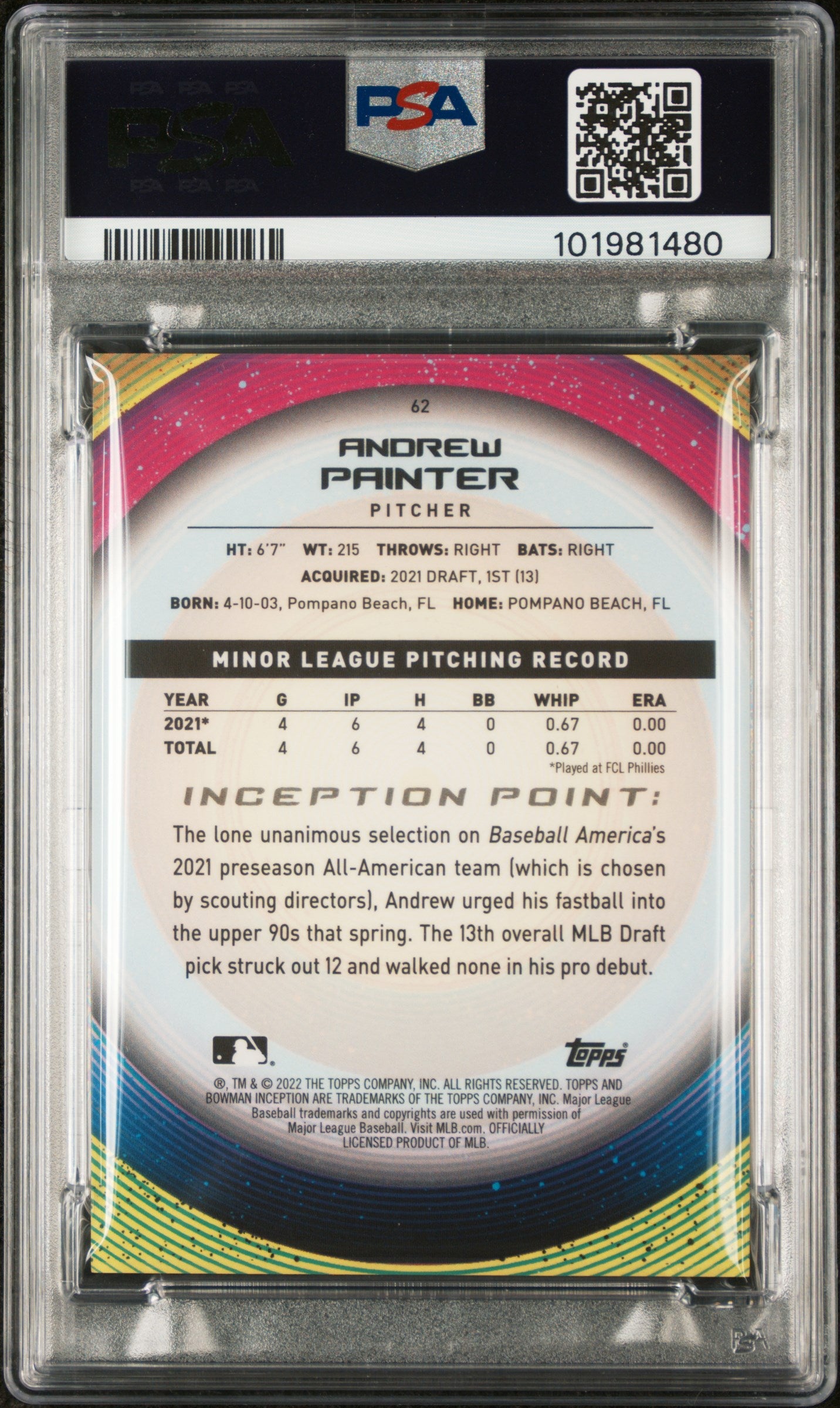 2022 Bowman Inception #62 Andrew Painter PSA 10
