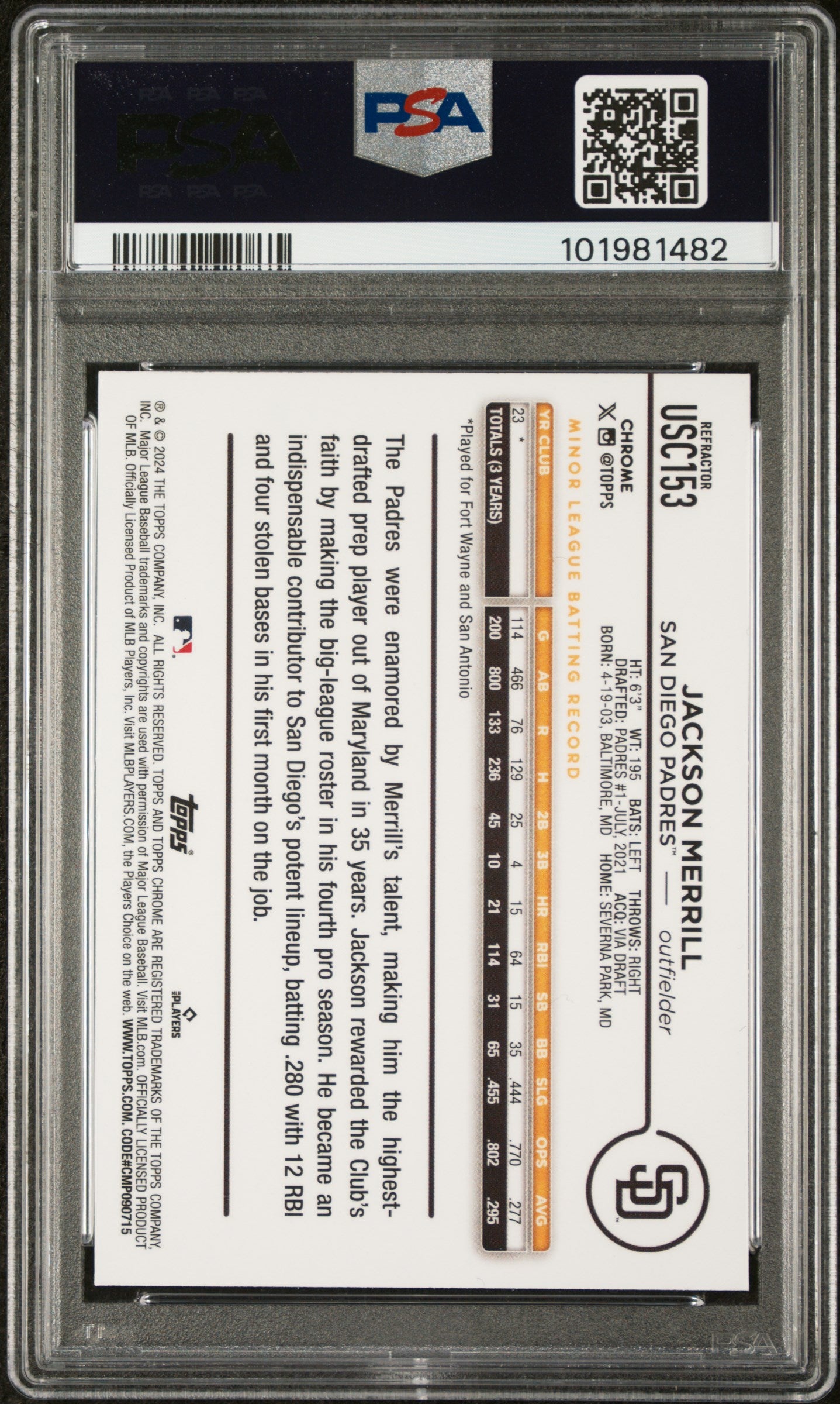 2024 Topps Chrome Update #USC153 Jackson Merrill Refractor PSA 10