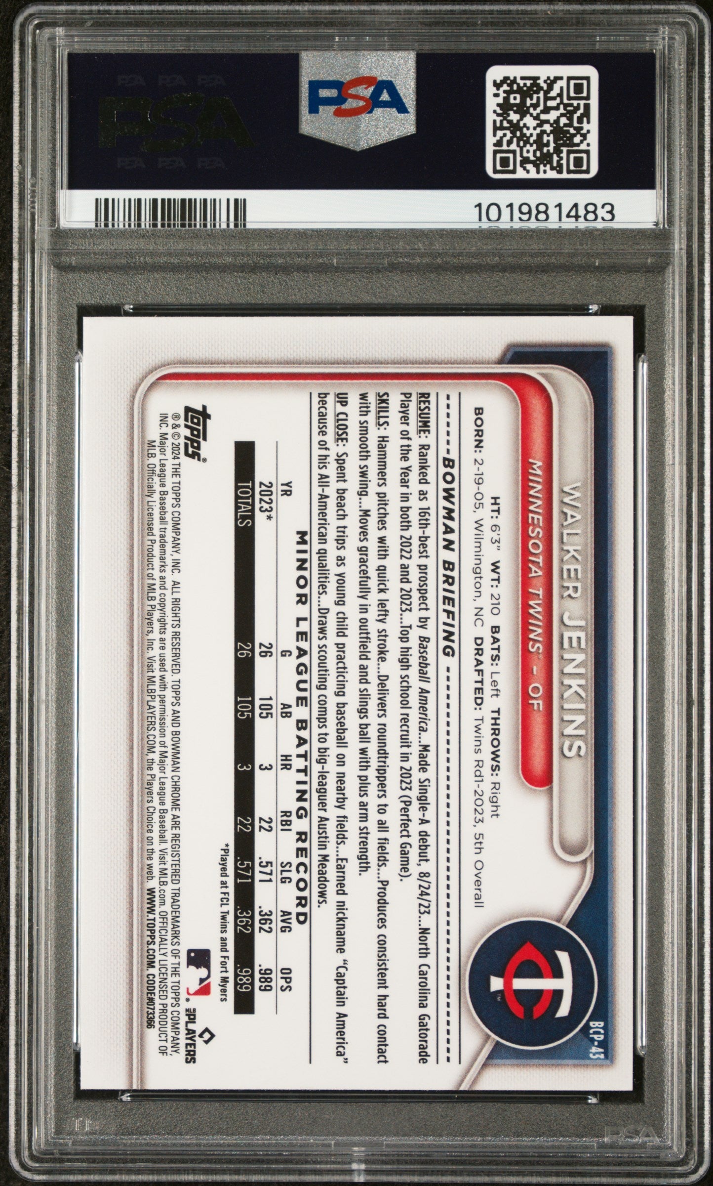 2024 Bowman Mega Box Chrome Prospects #43 Walker Jenkins PSA 9