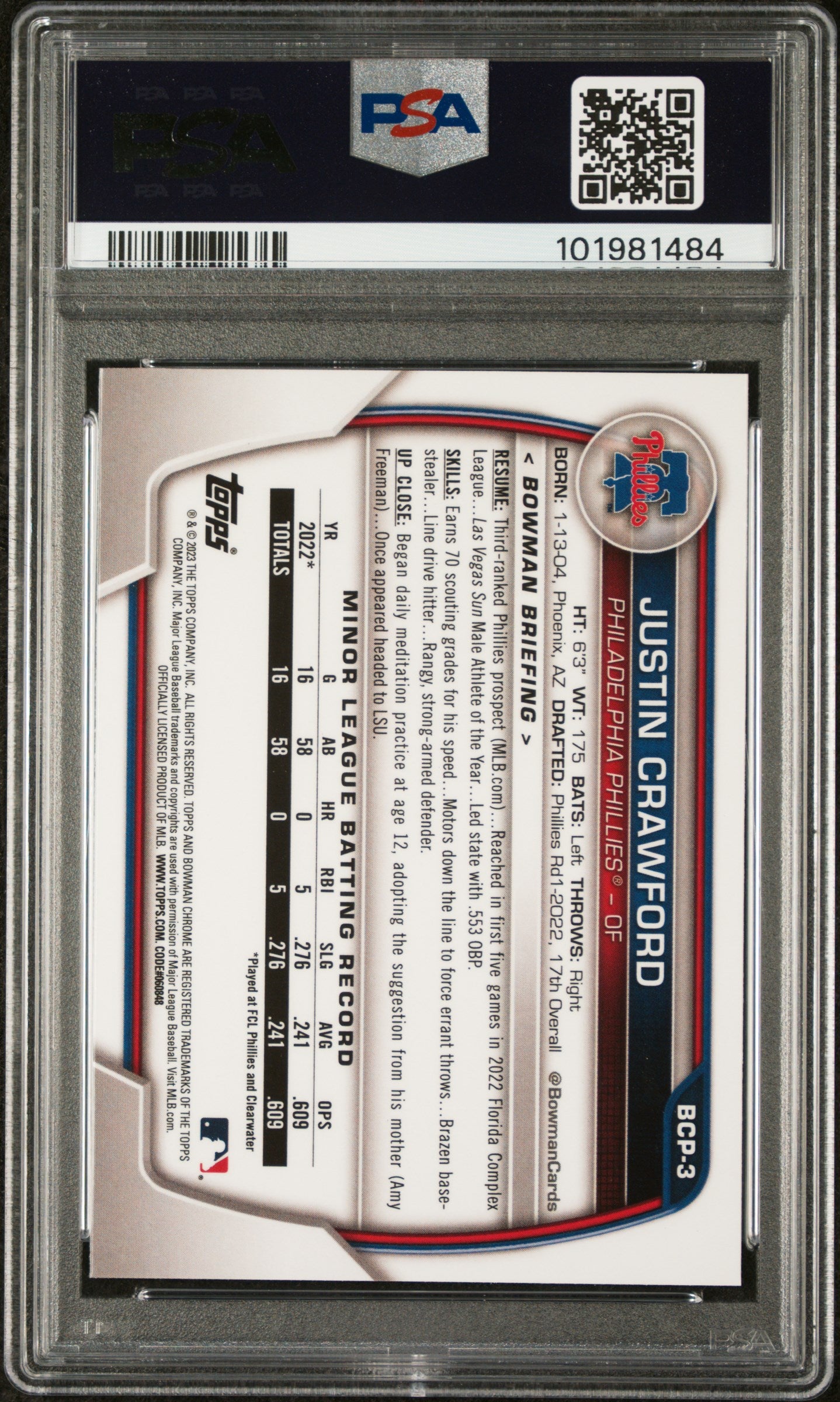 2023 Bowman Sapphire Edition Chrome Prospects #BCP3 Justin Crawford PSA 9