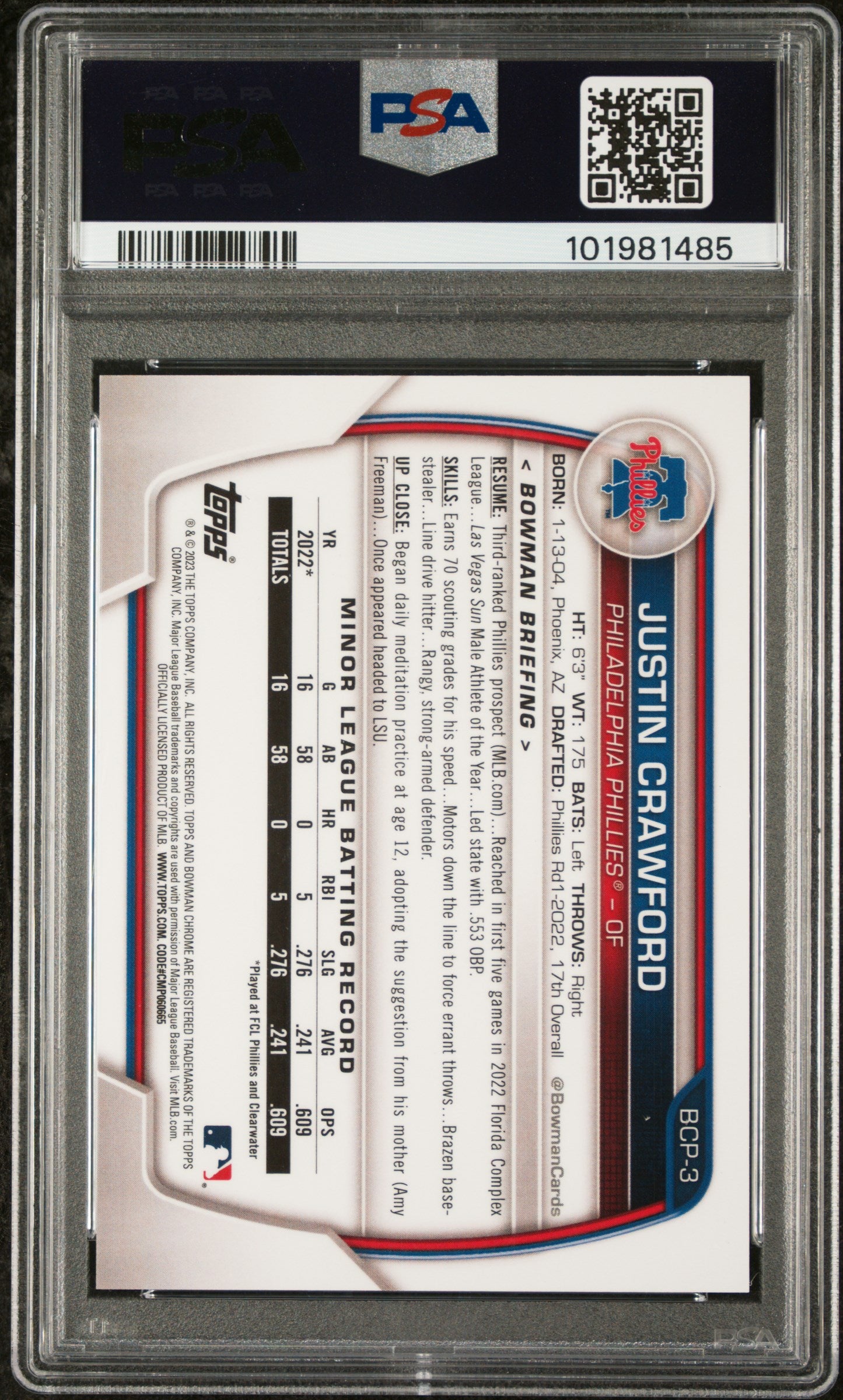2023 Bowman Chrome Prospects #BCP3 Justin Crawford Blue Raywave PSA 10