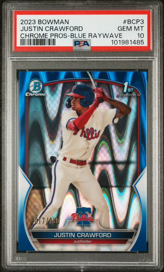 2023 Bowman Chrome Prospects #BCP3 Justin Crawford Blue Raywave PSA 10