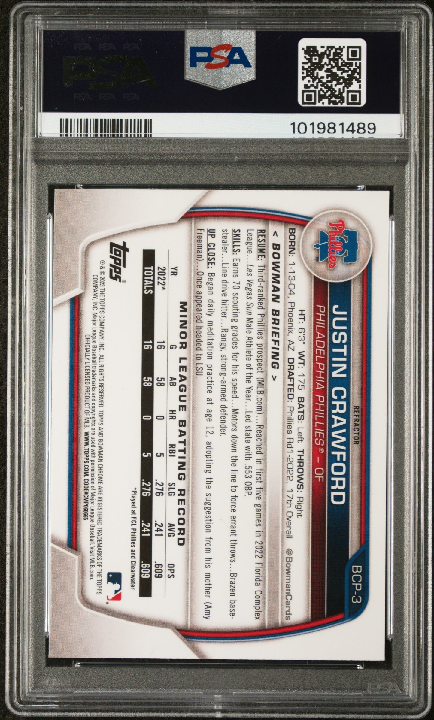 2023 Bowman Chrome Prospects #BCP3 Justin Crawford Lunar Glow PSA 10