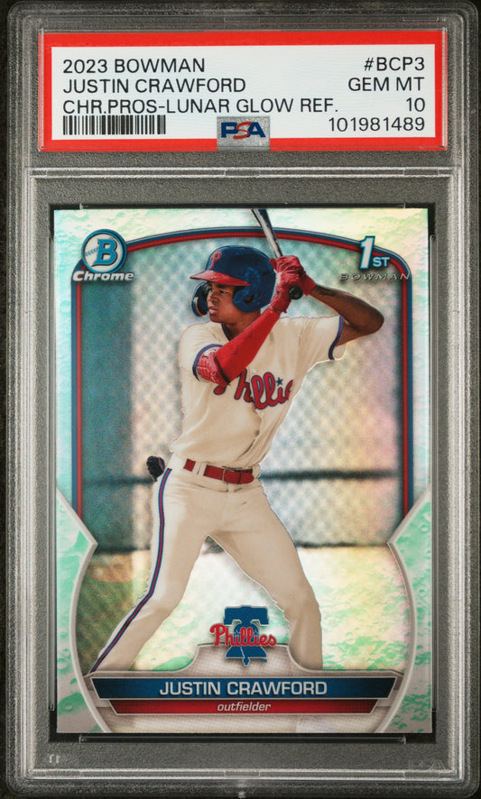 2023 Bowman Chrome Prospects #BCP3 Justin Crawford Lunar Glow PSA 10