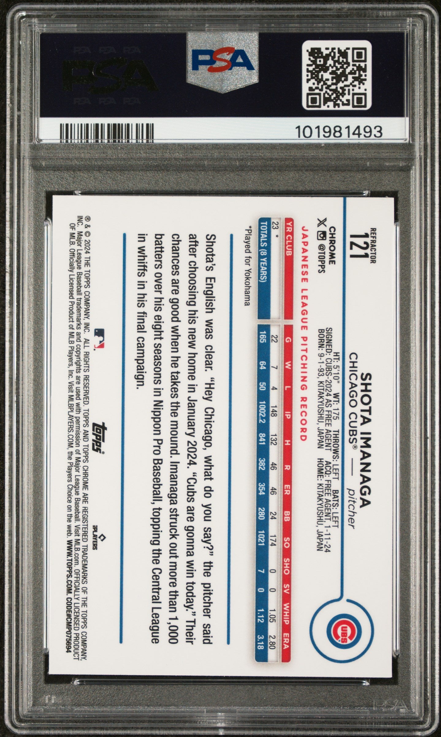 2024 Topps Chrome #121 Shota Imanaga Refractor PSA 9