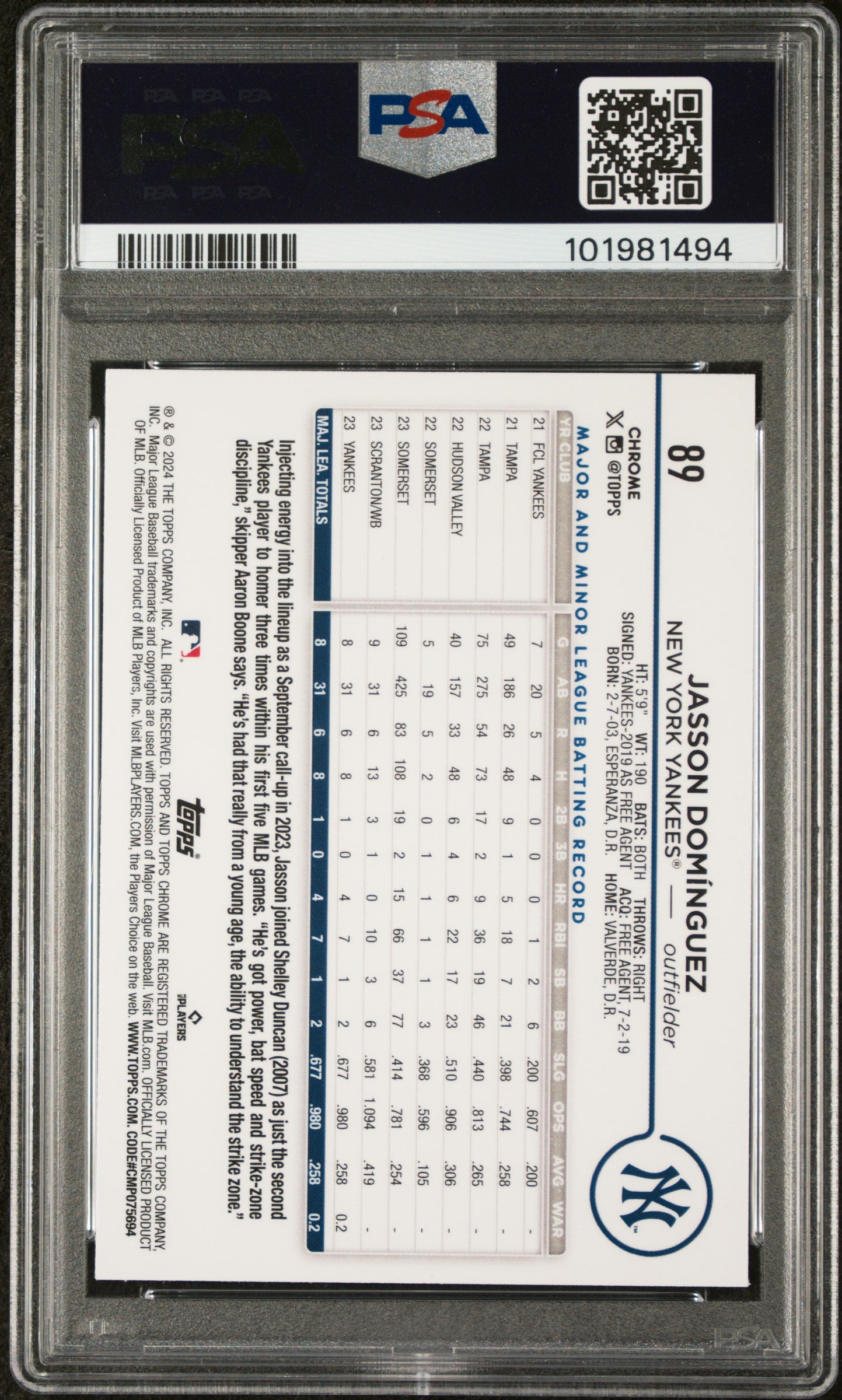 2024 Topps Chrome #89 Jasson Dominguez PSA 10