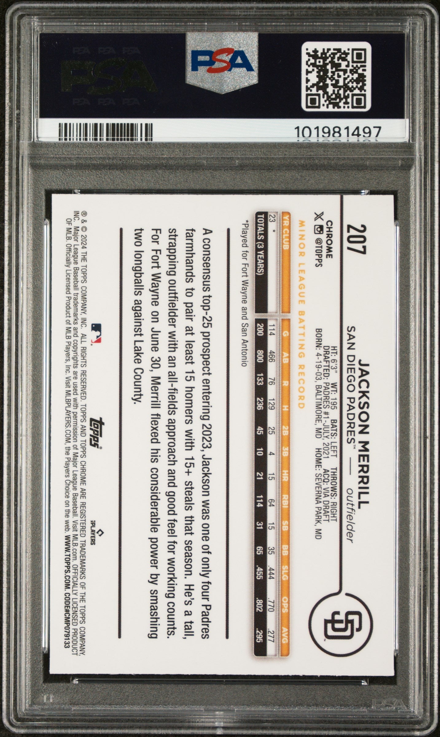 2024 Topps Chrome Logofractor Edition #207 Jackson Merrill PSA 10