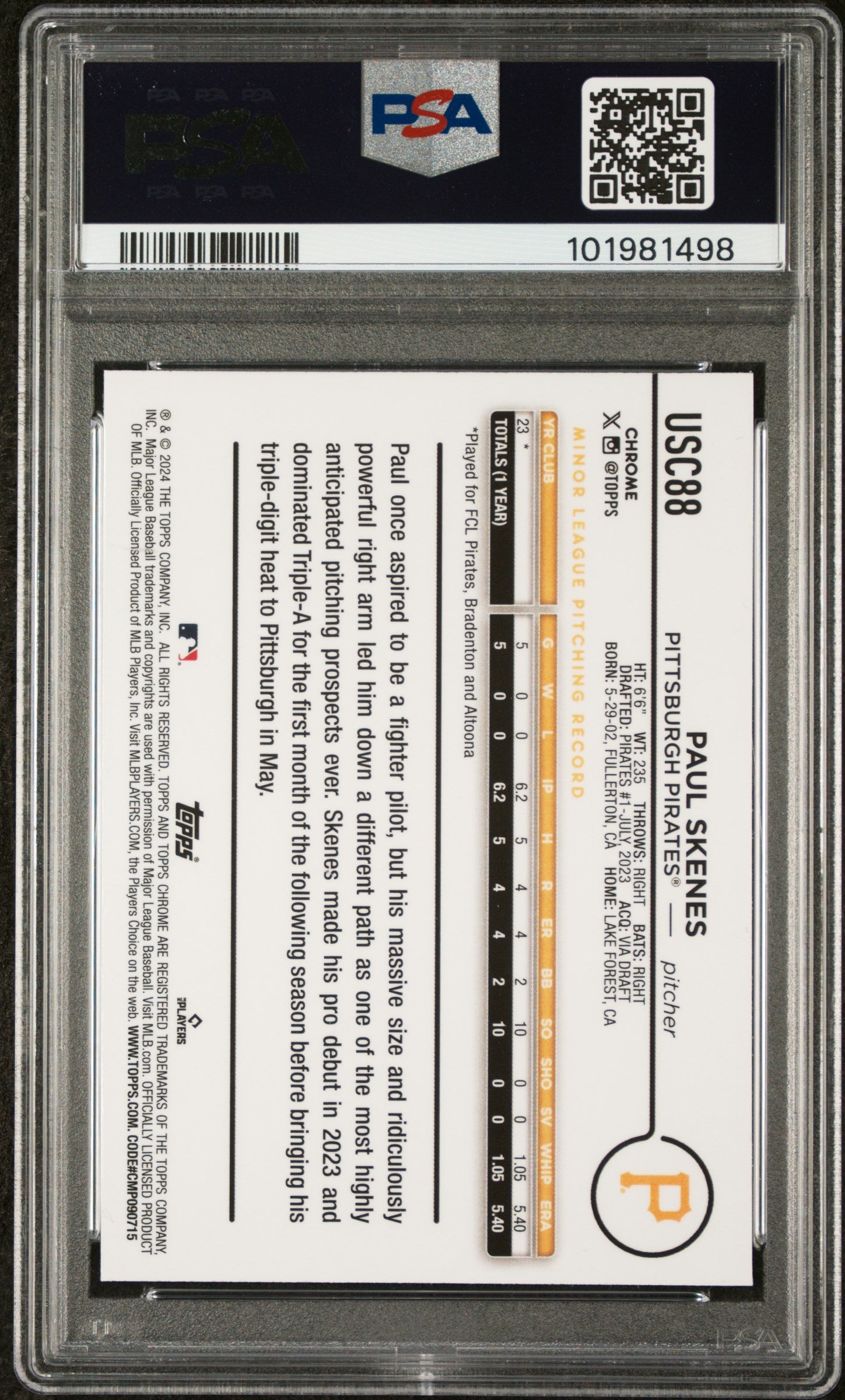 2024 Topps Chrome Update #USC88 Paul Skenes PSA 8