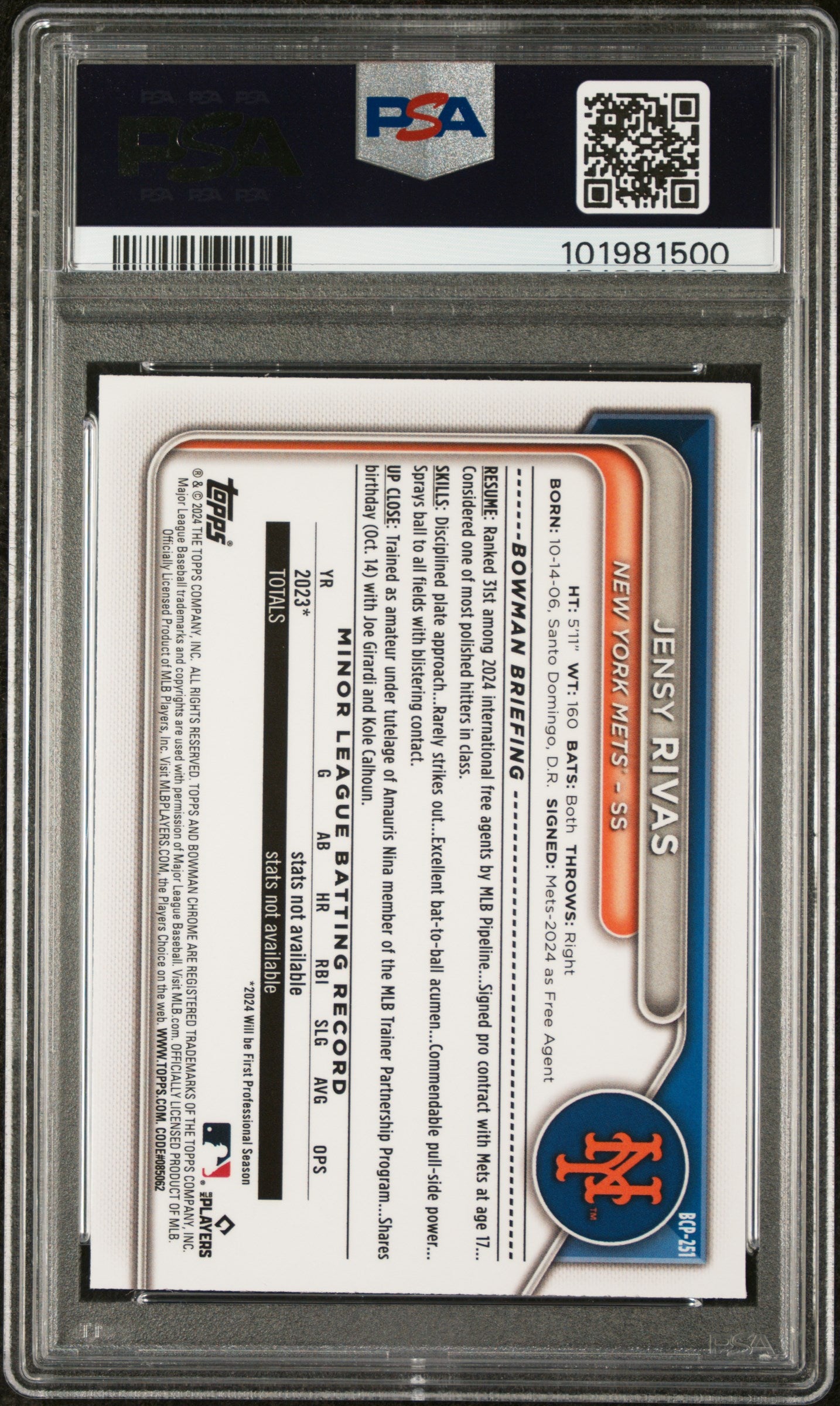 2024 Bowman Chrome Prospects #BCP251 Jensy Rivas Prospects-Orange Ref PSA 10