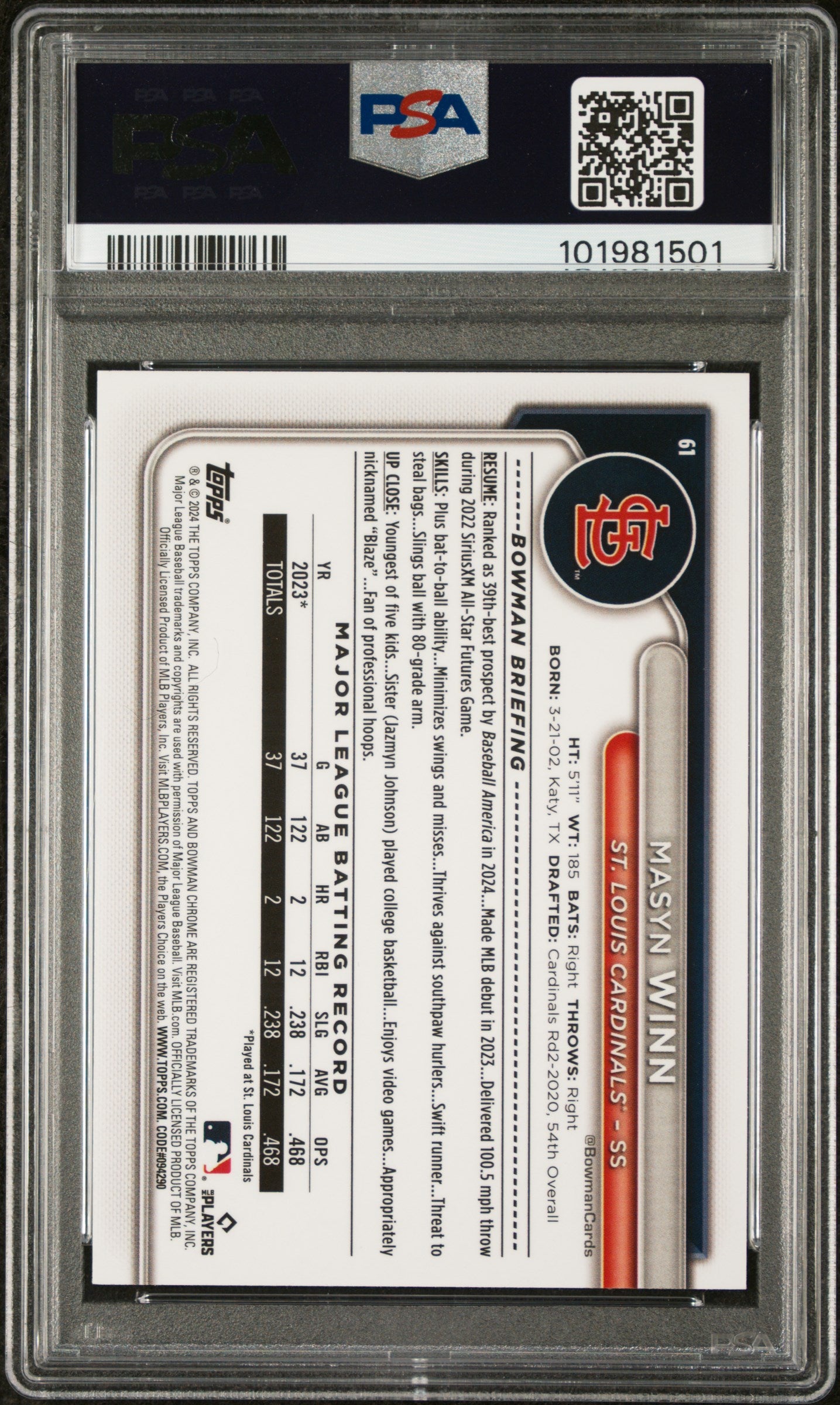 2024 Bowman Chrome Mega Box #61 Masyn Winn Yellow Refractor PSA 9