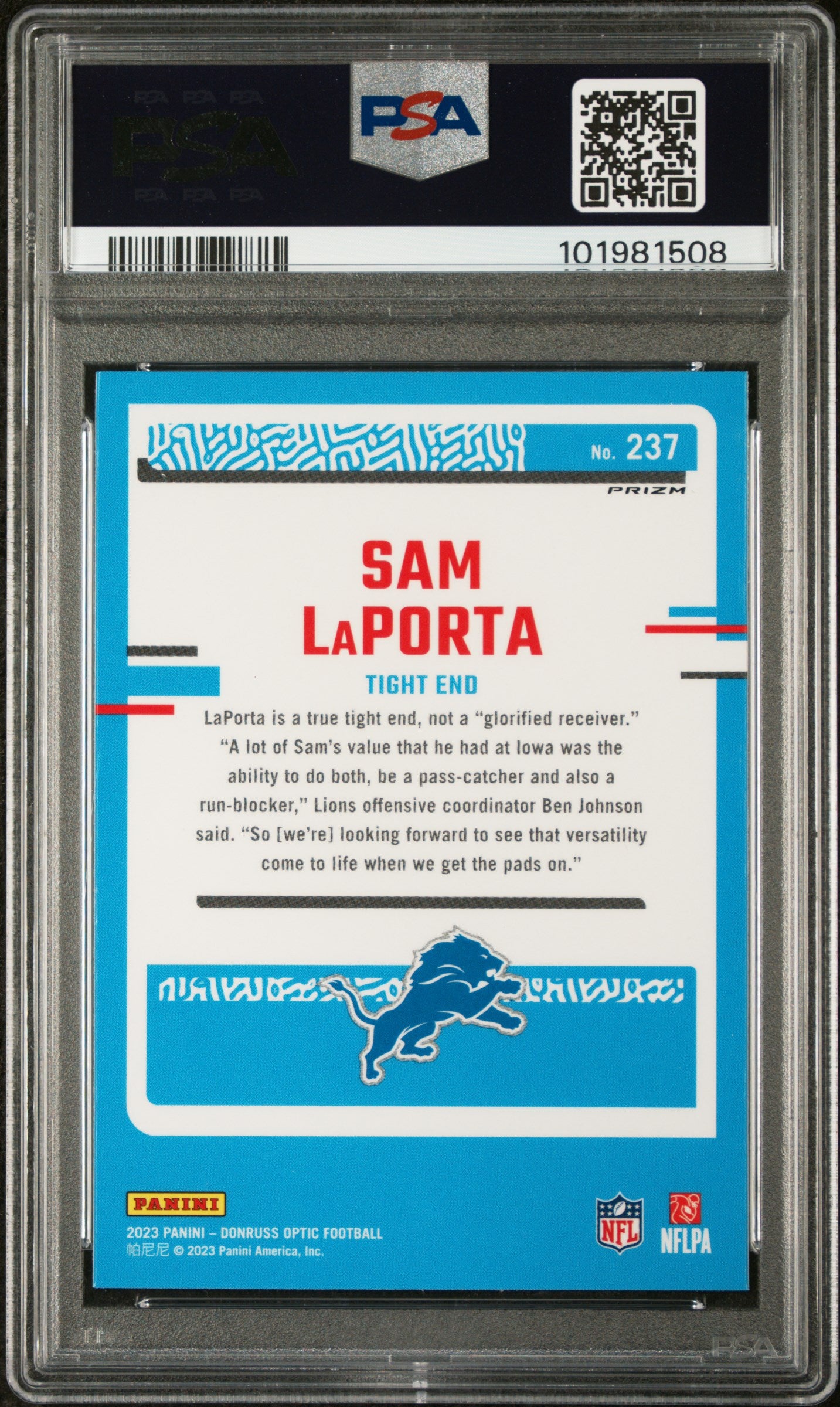 2023 Panini Donruss Optic #237 Sam Laporta Blue Glitter PSA 9