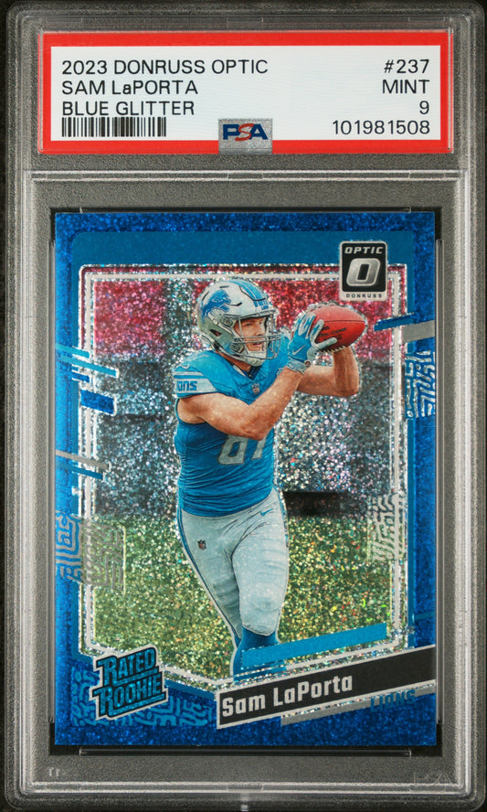 2023 Panini Donruss Optic #237 Sam Laporta Blue Glitter PSA 9