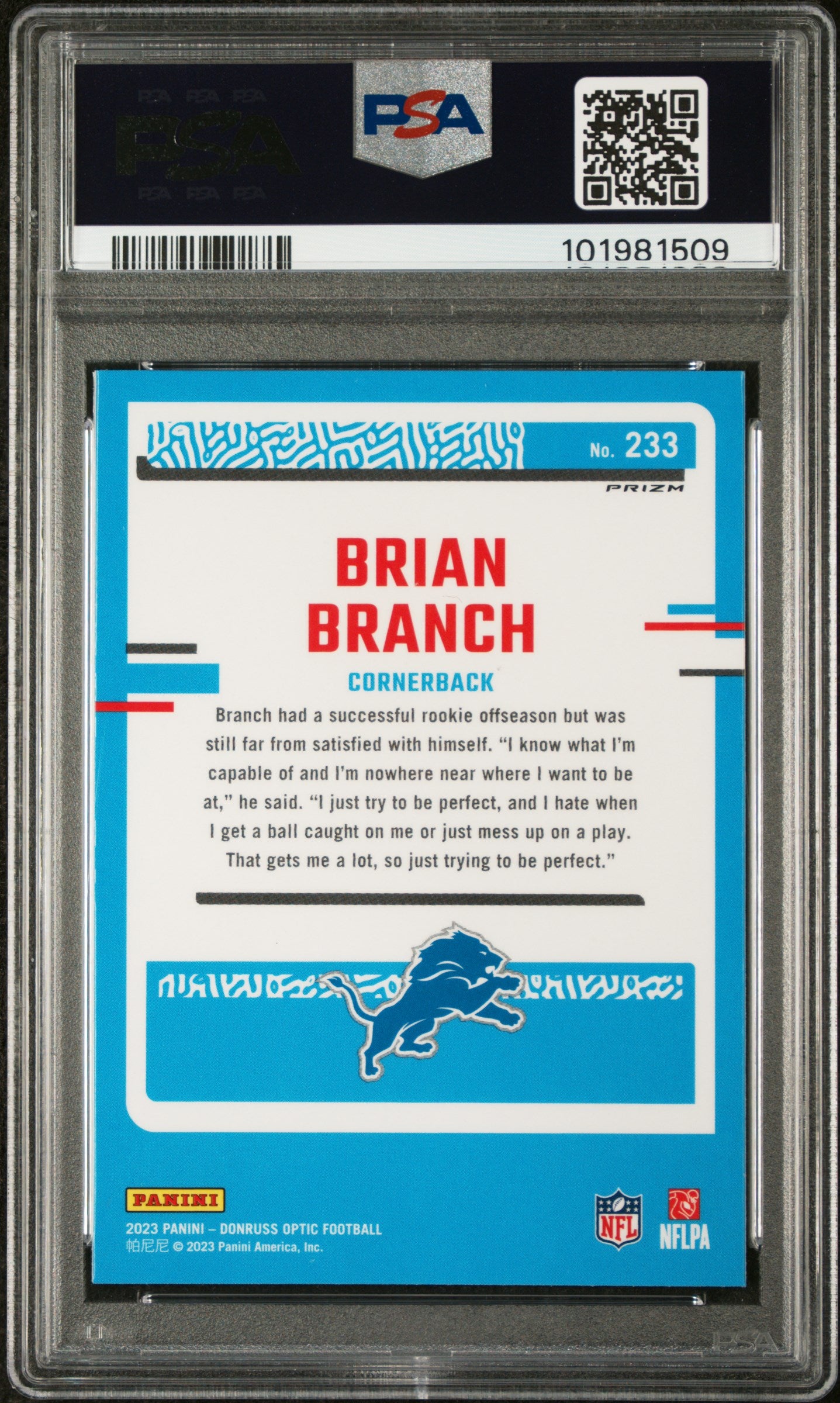 2023 Panini Donruss Optic #233 Brian Branch Blue Glitter PSA 10