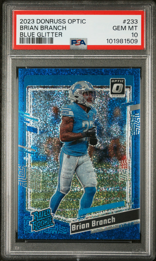 2023 Panini Donruss Optic #233 Brian Branch Blue Glitter PSA 10