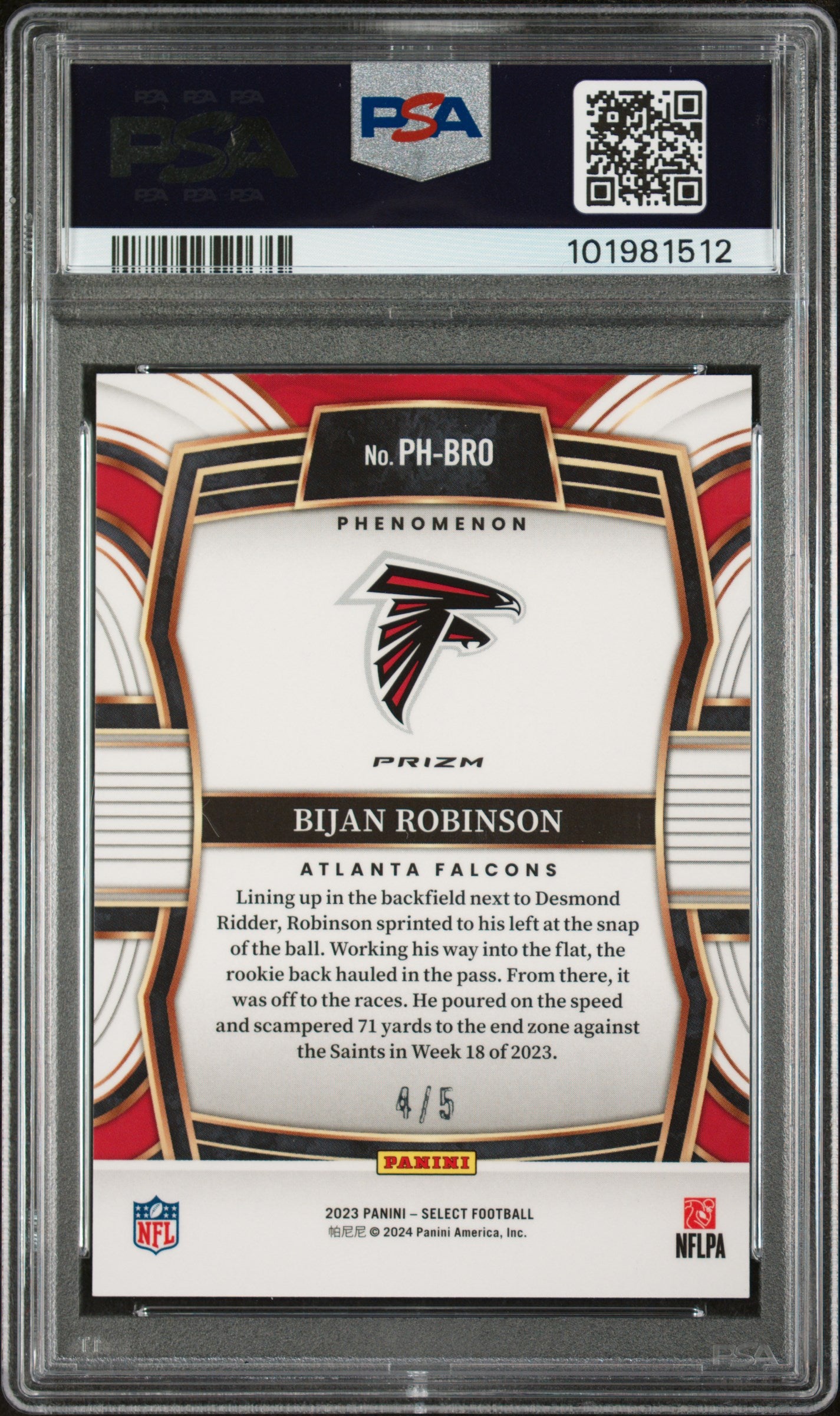 2023 Panini Select Phenomenon #PHBRO Bijan Robinson Phenomenon-Green Prizm PSA 9