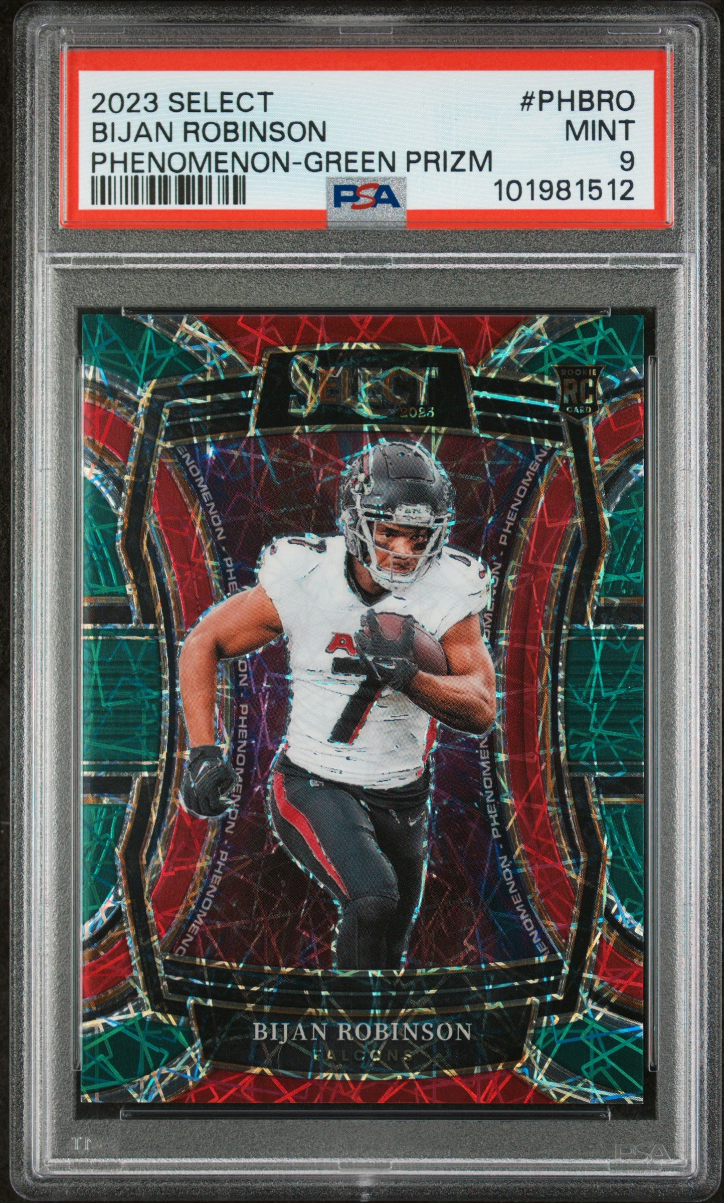 2023 Panini Select Phenomenon #PHBRO Bijan Robinson Phenomenon-Green Prizm PSA 9
