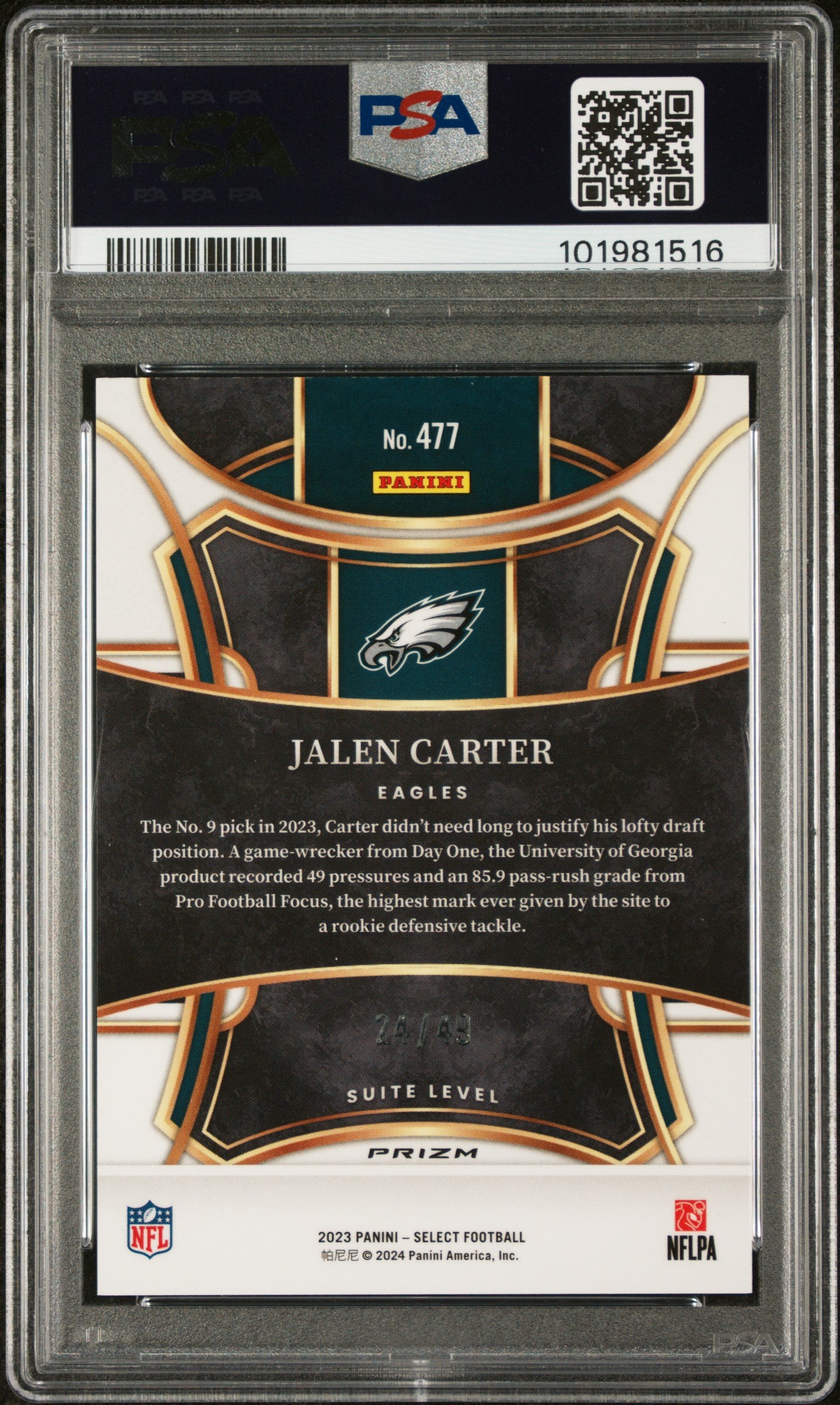 2023 Panini Select #477 Jalen Carter Red Disco Prizm PSA 10