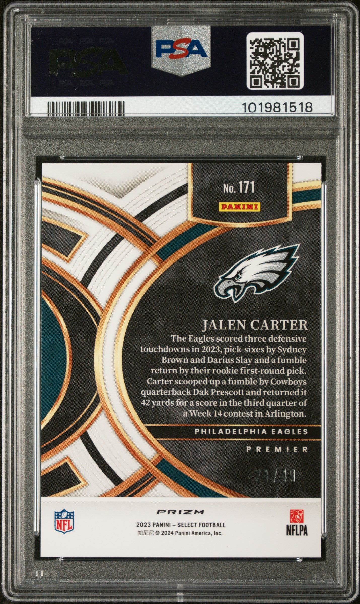 2023 Panini Select #171 Jalen Carter Red Disco Prizm PSA 10