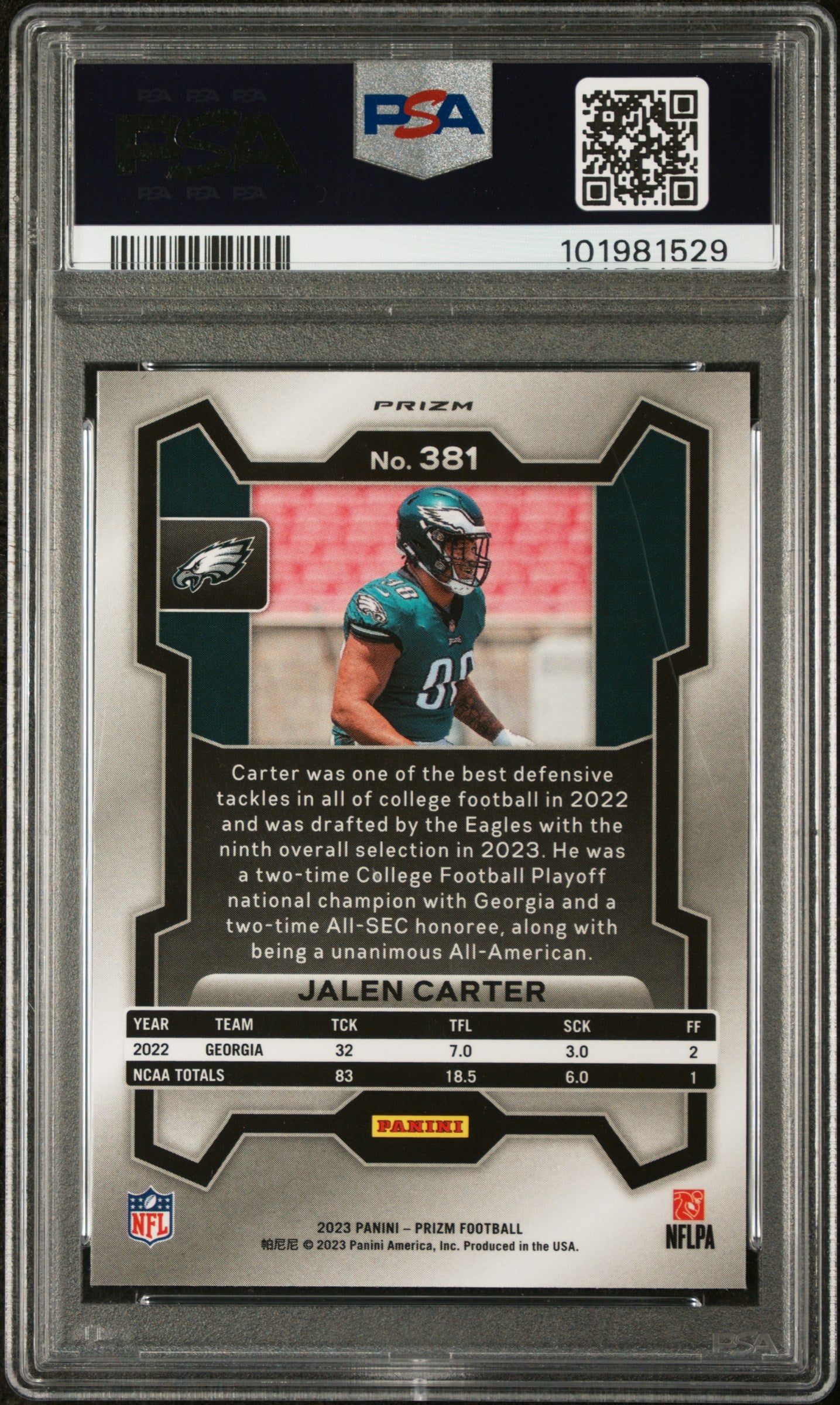 2023 Panini Prizm #381 Jalen Carter Red/White/Blue Prizm PSA 9