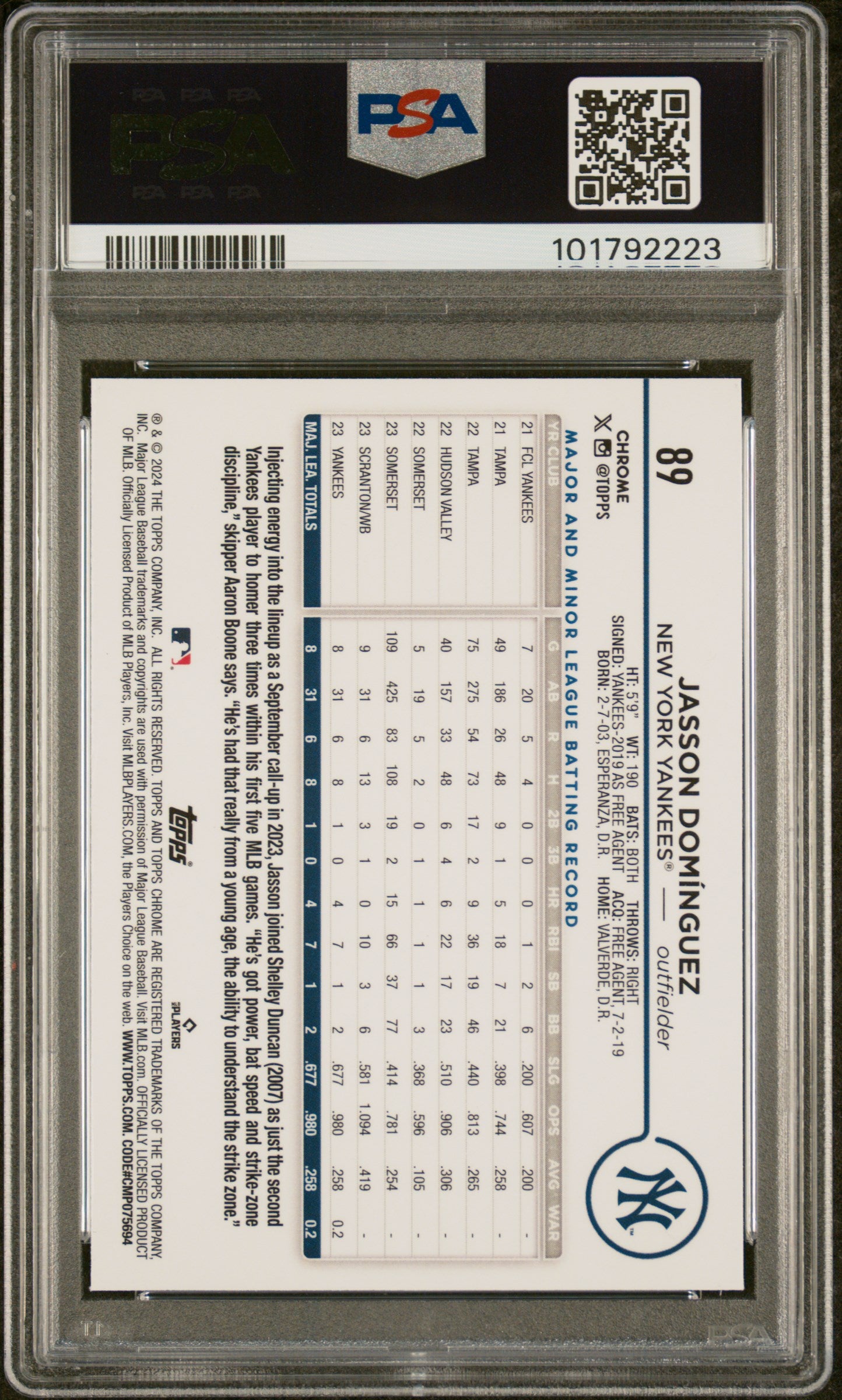 2024 Topps Chrome #89 Jasson Dominguez PSA 10