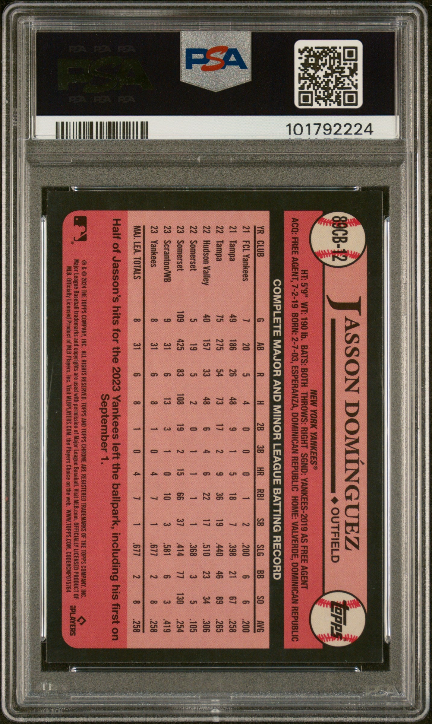 2024 Topps Chrome 1989 Topps Baseball #12 Jasson Dominguez PSA 10