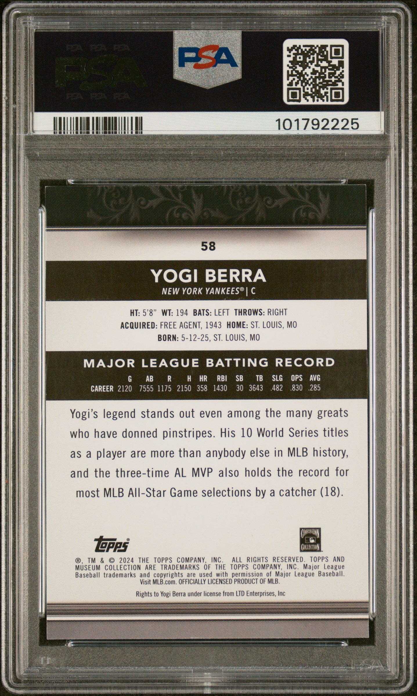 2024 Topps Museum Collection #58 Yogi Berra Sapphire PSA 8