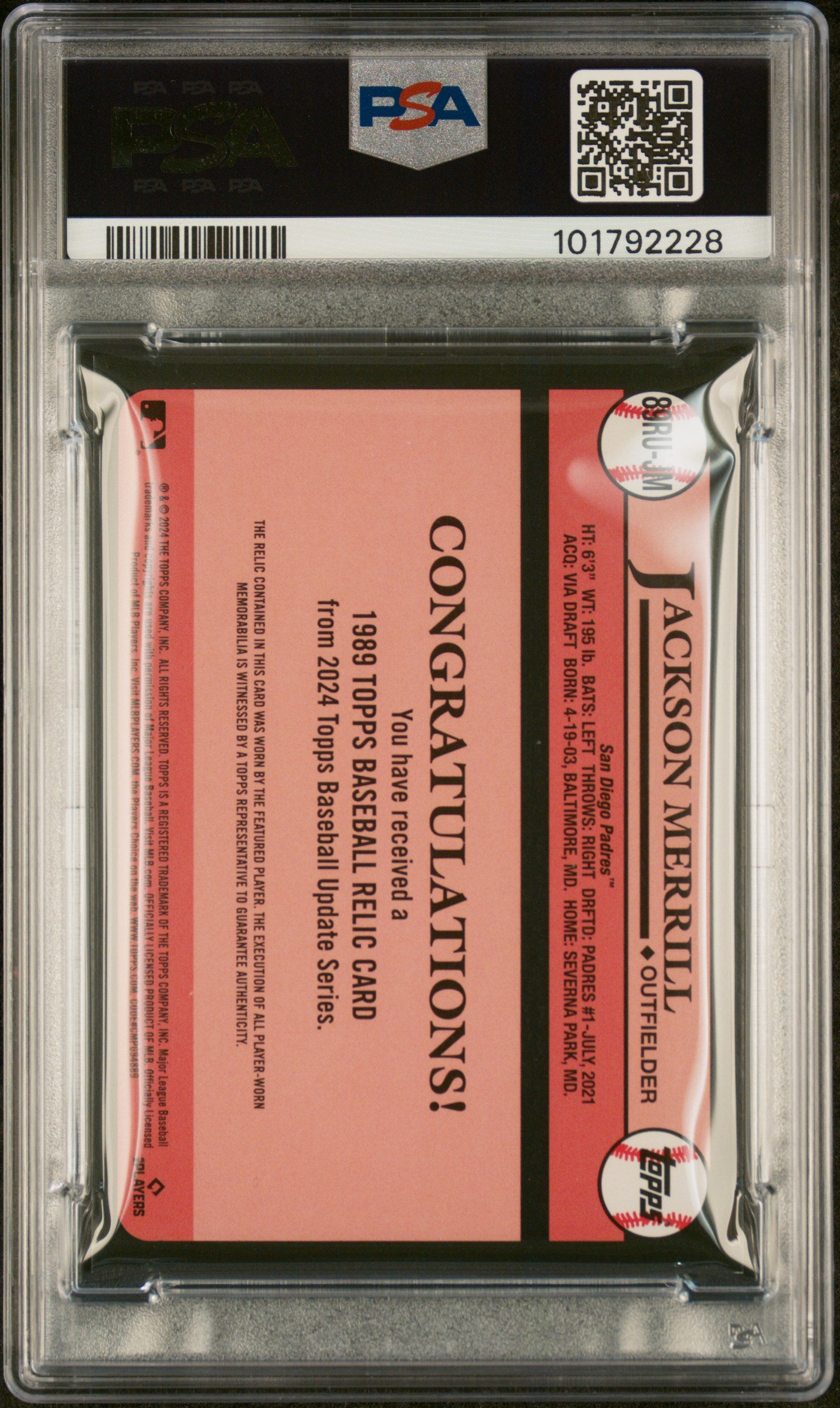 2024 Topps Update 1989 Topps Baseball Relics #JM Jackson Merrill PSA 9