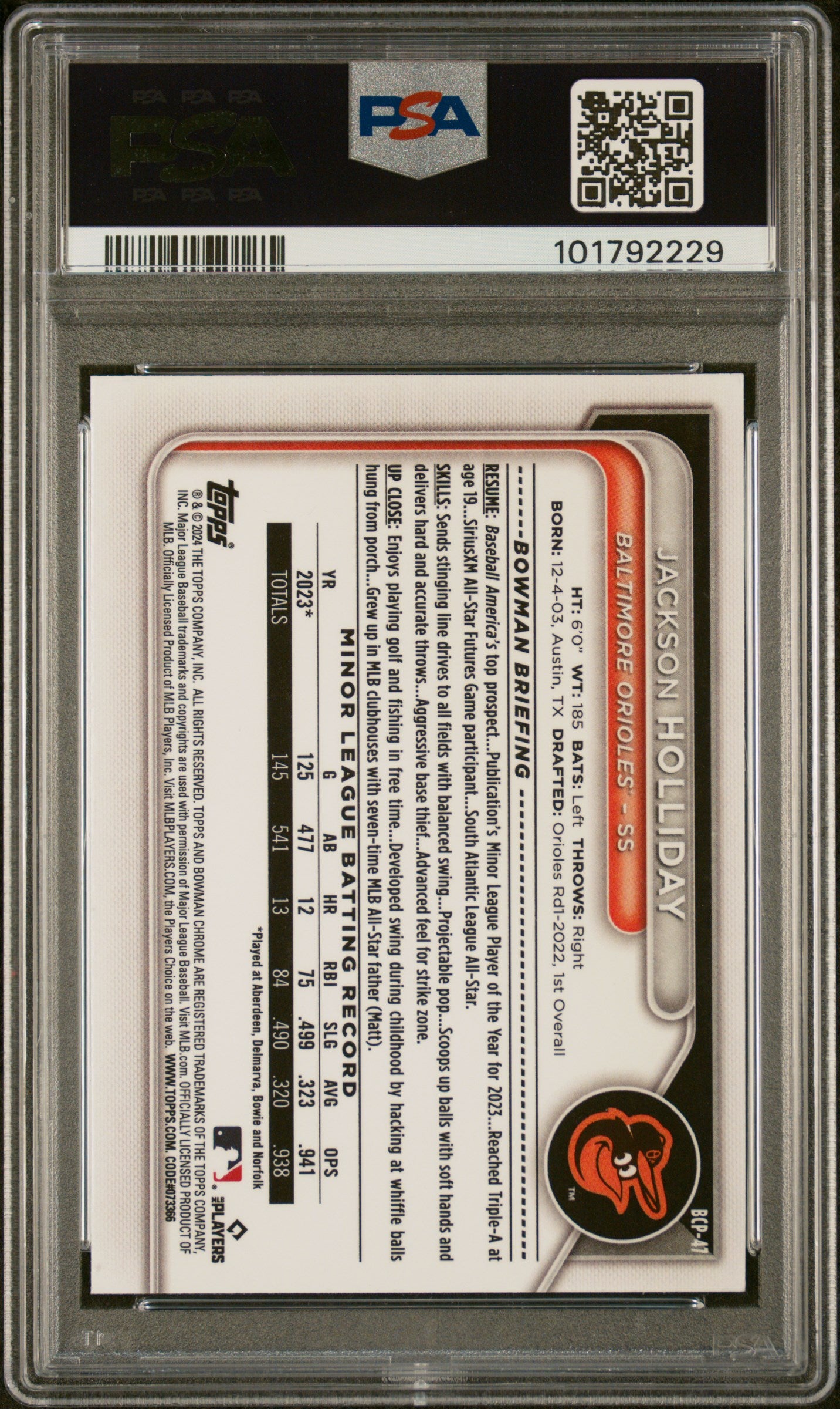 2024 Bowman Mega Box Chrome Prospects #47 Jackson Holliday PSA 9