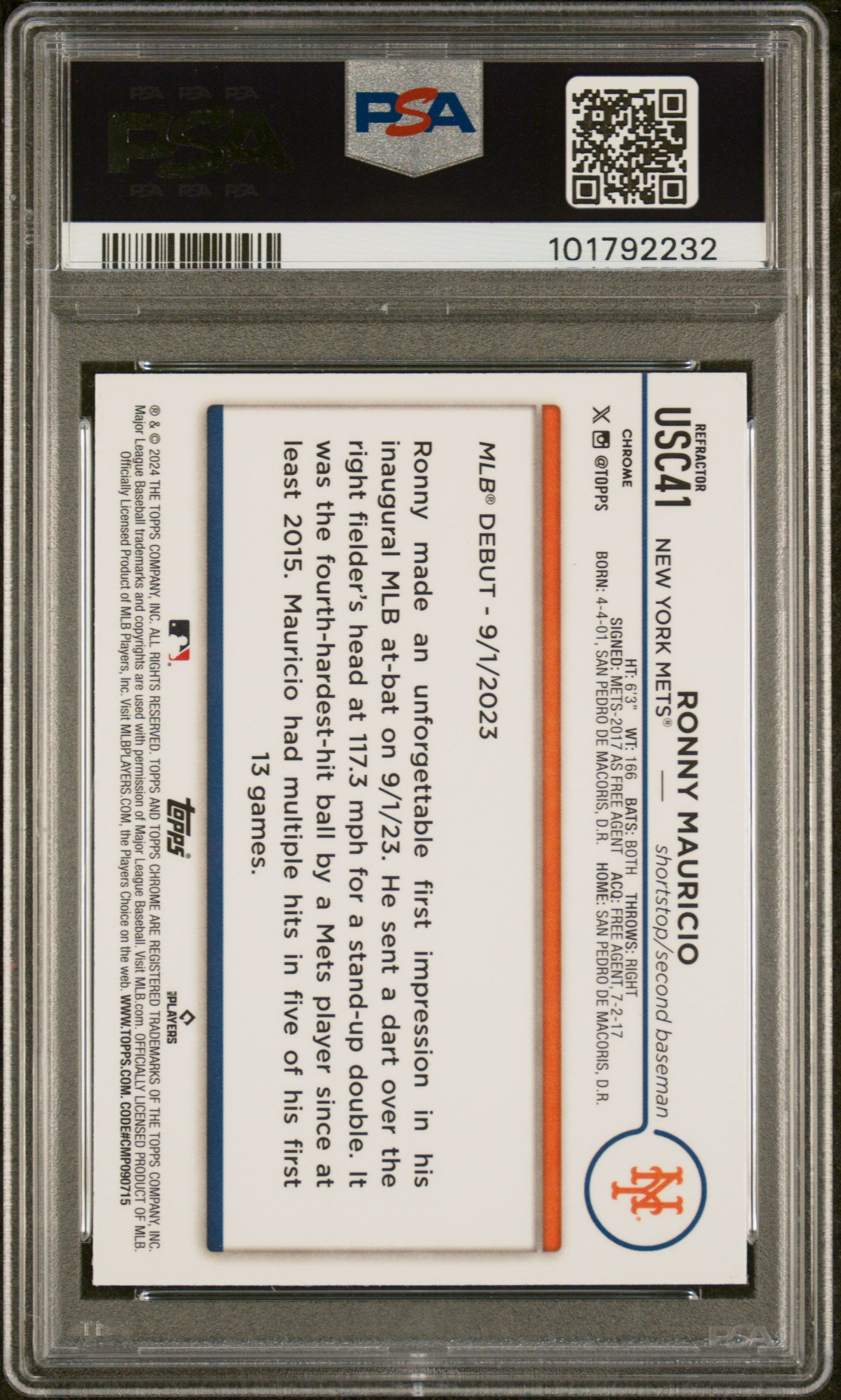 2024 Topps Chrome Update #USC41 Ronny Mauricio Refractor PSA 9