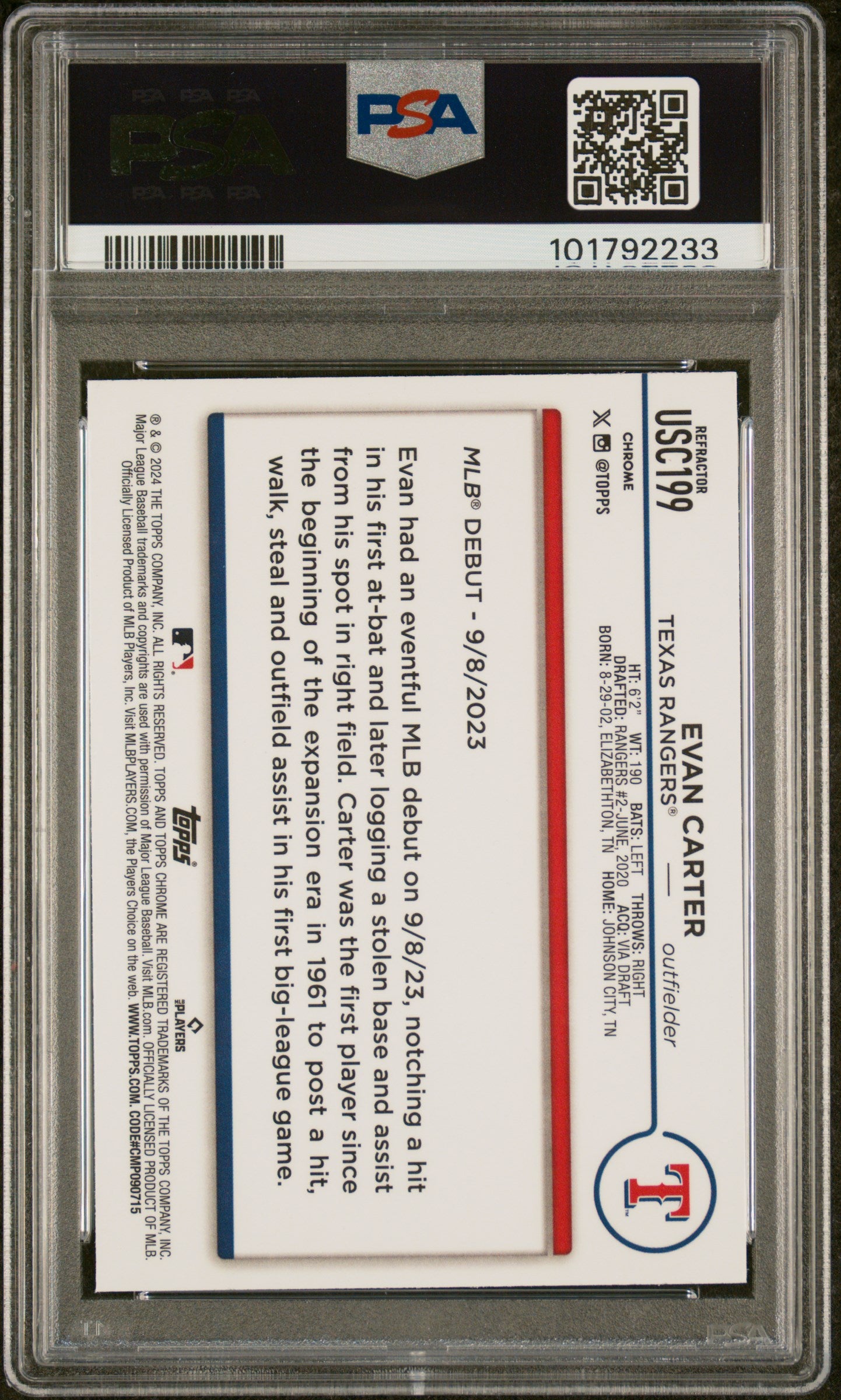 2024 Topps Chrome Update #USC199 Evan Carter Refractor PSA 10