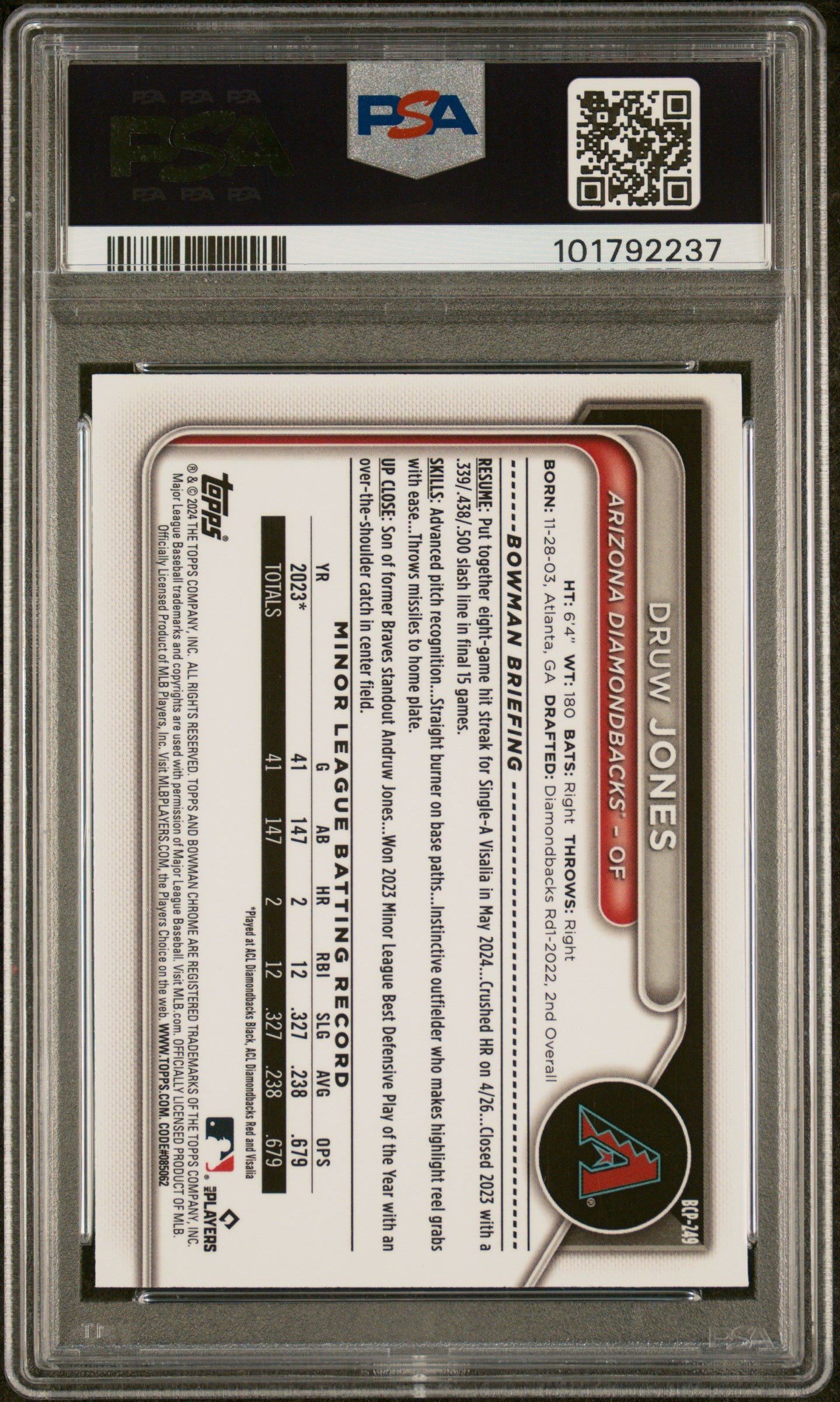 2024 Bowman Chrome Prospects #BCP249 Druw Jones Prospects-Gold Shimmer PSA 10