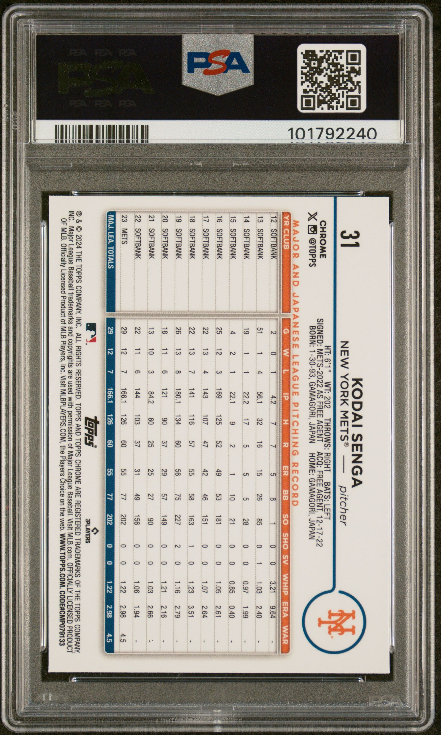 2024 Topps Chrome Logofractor Edition #31 Kodai Senga PSA 8