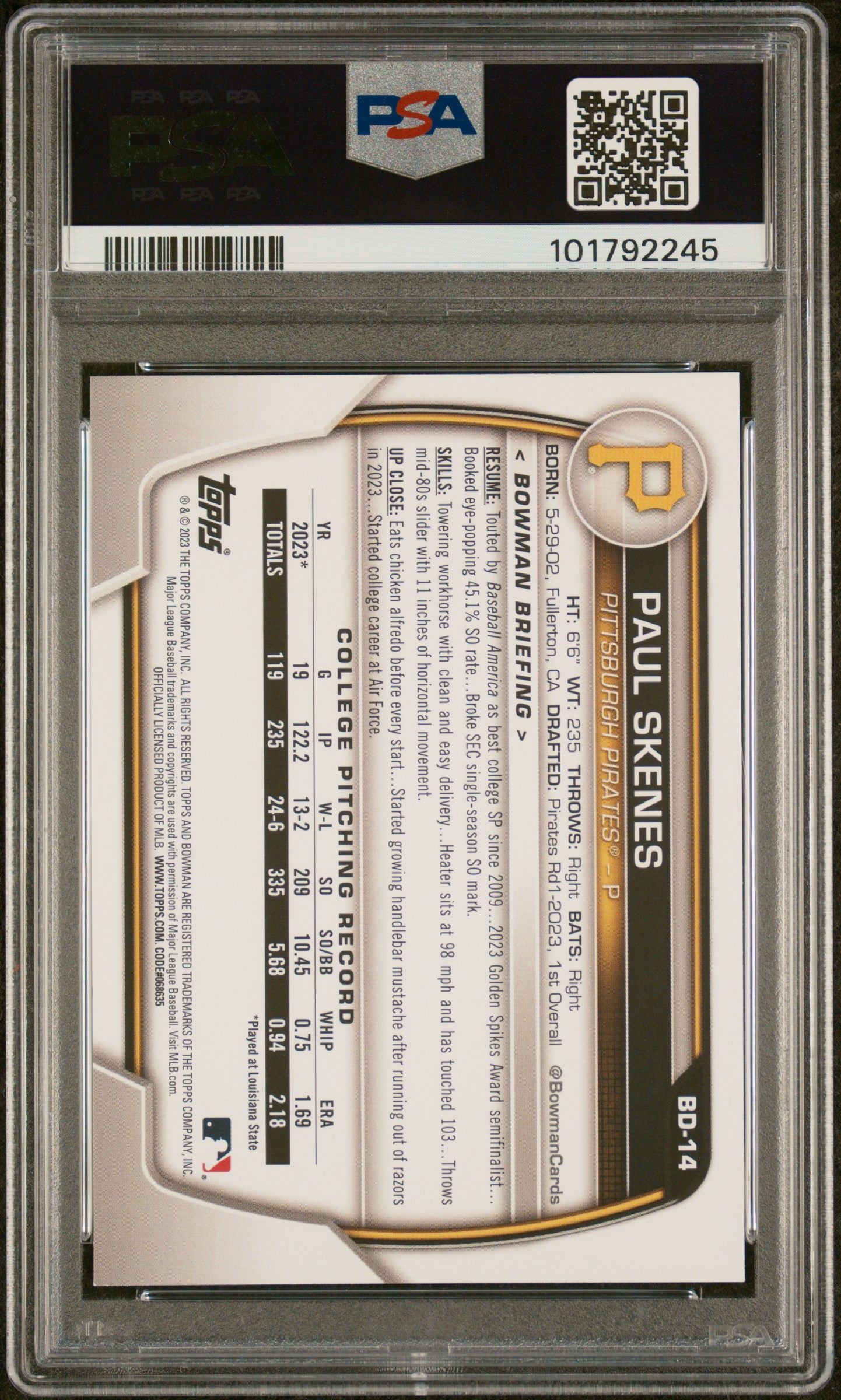 2023 Bowman Draft #BD14 Paul Skenes PSA 9