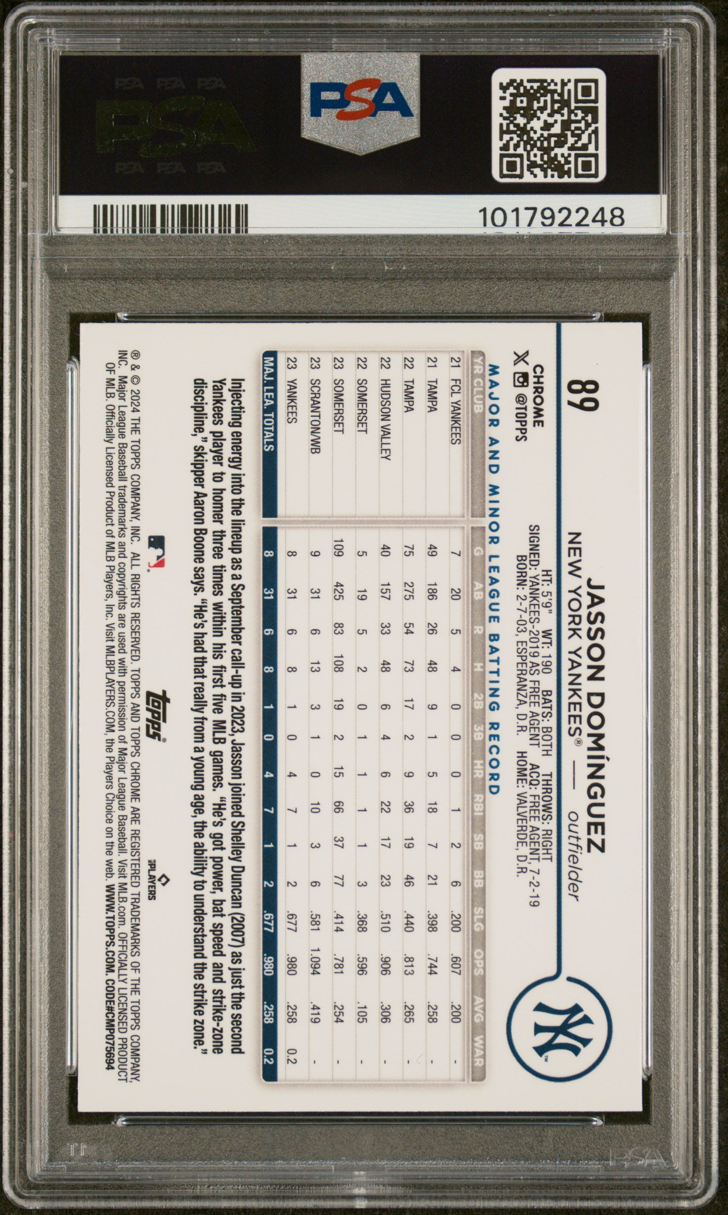 2024 Topps Chrome #89 Jasson Dominguez Purple Refractor PSA 10