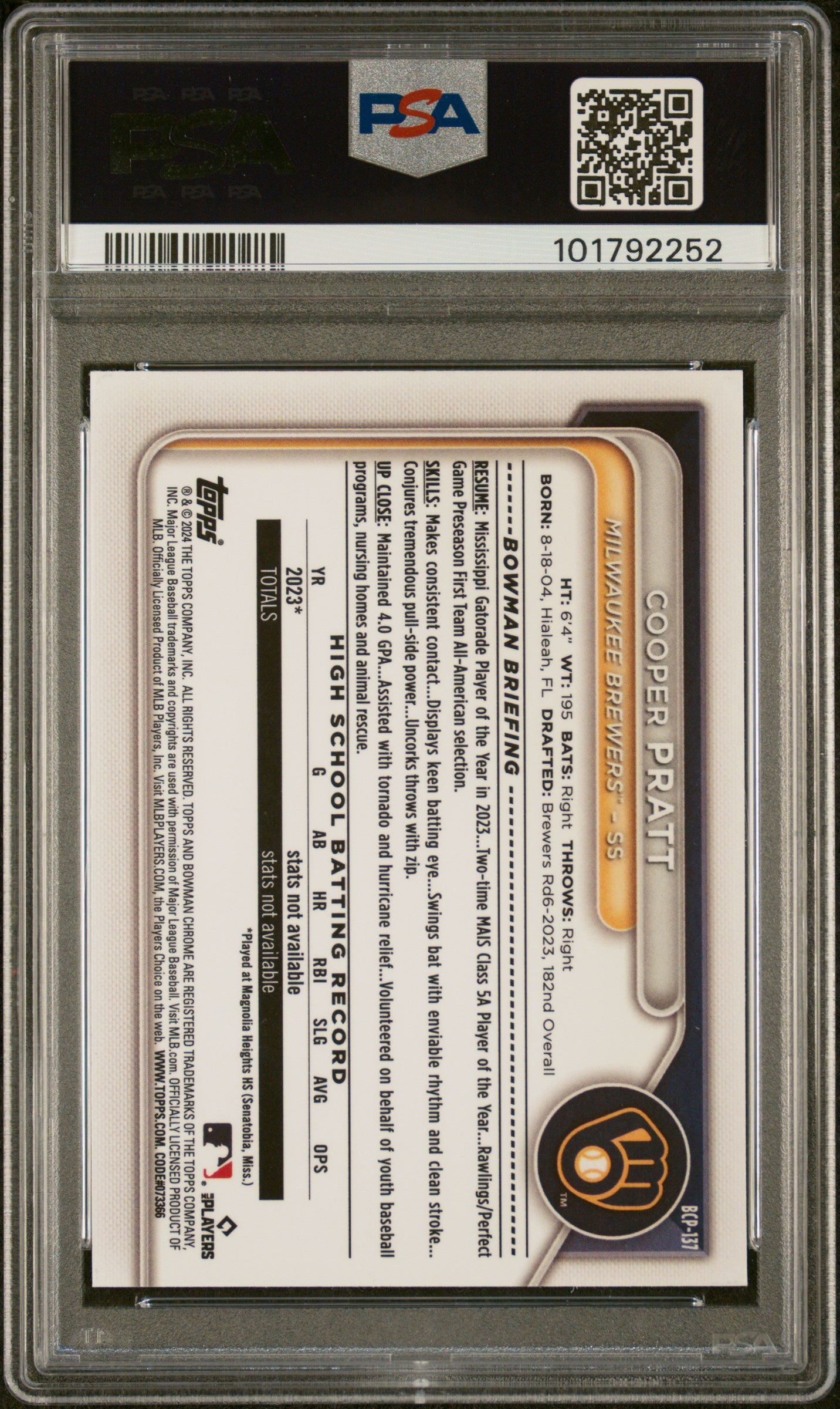 2024 Bowman Mega Box Chrome Prospects #137 Cooper Pratt PSA 9