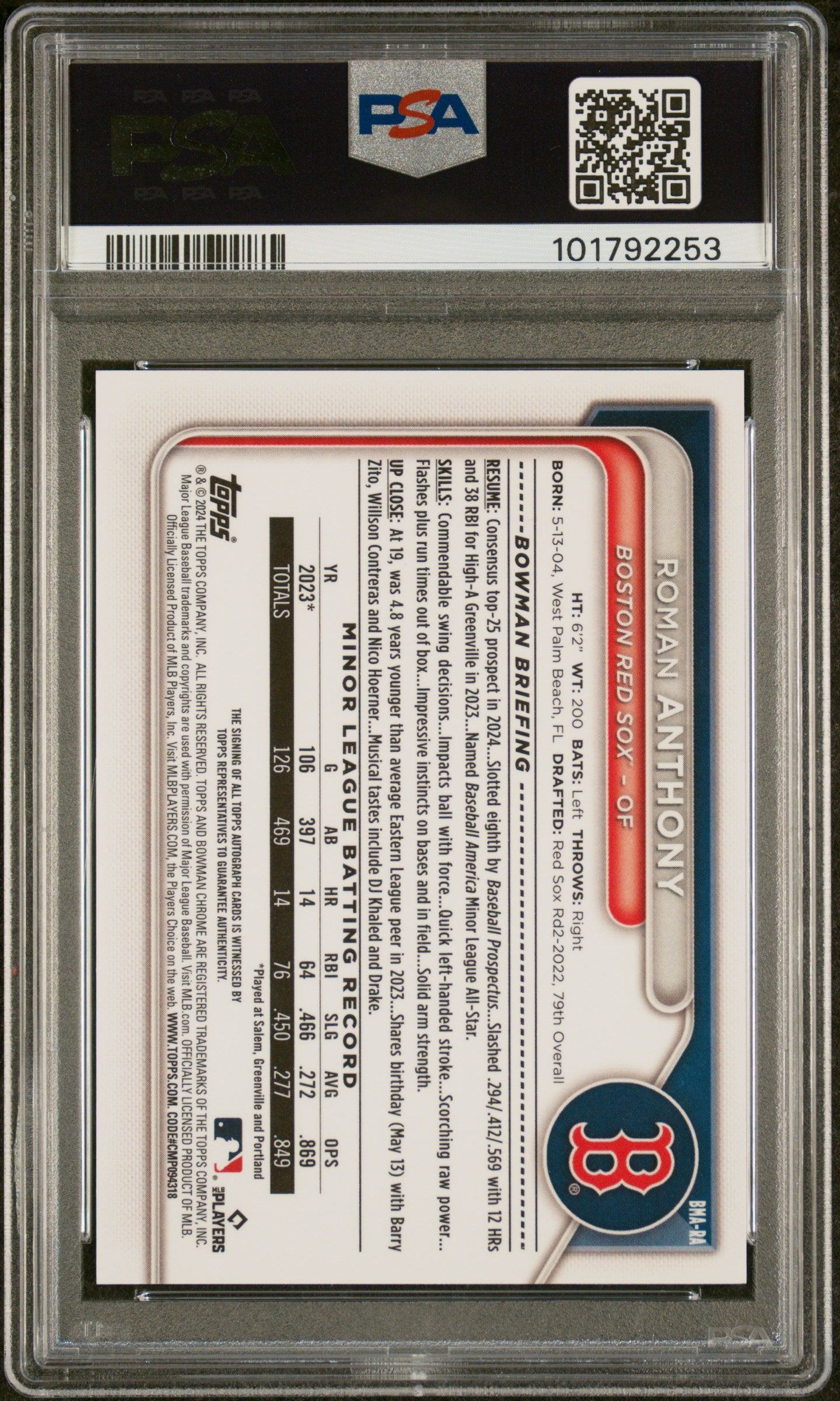 2024 Bowman Chrome Mega #RA Roman Anthony Chrome Autograph PSA 9