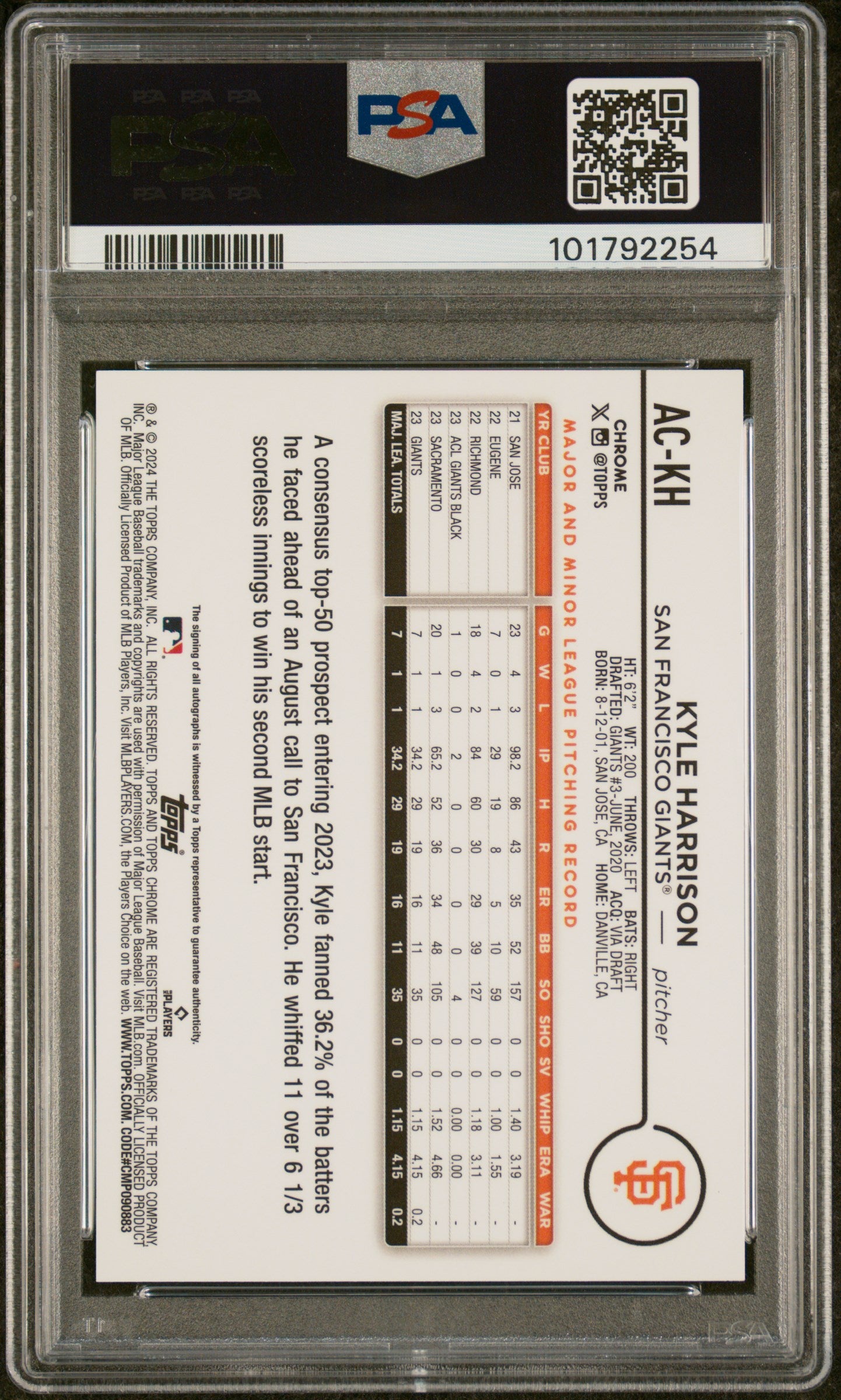 2024 Topps Chrome Update Autographs #ACKH Kyle Harrison Aqua Wave PSA 9