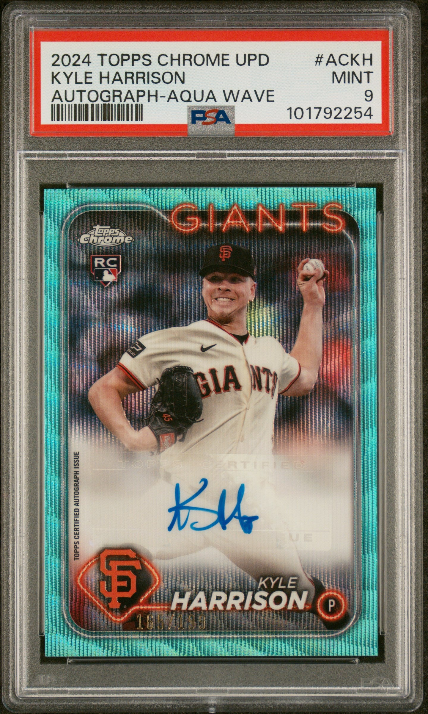 2024 Topps Chrome Update Autographs #ACKH Kyle Harrison Aqua Wave PSA 9