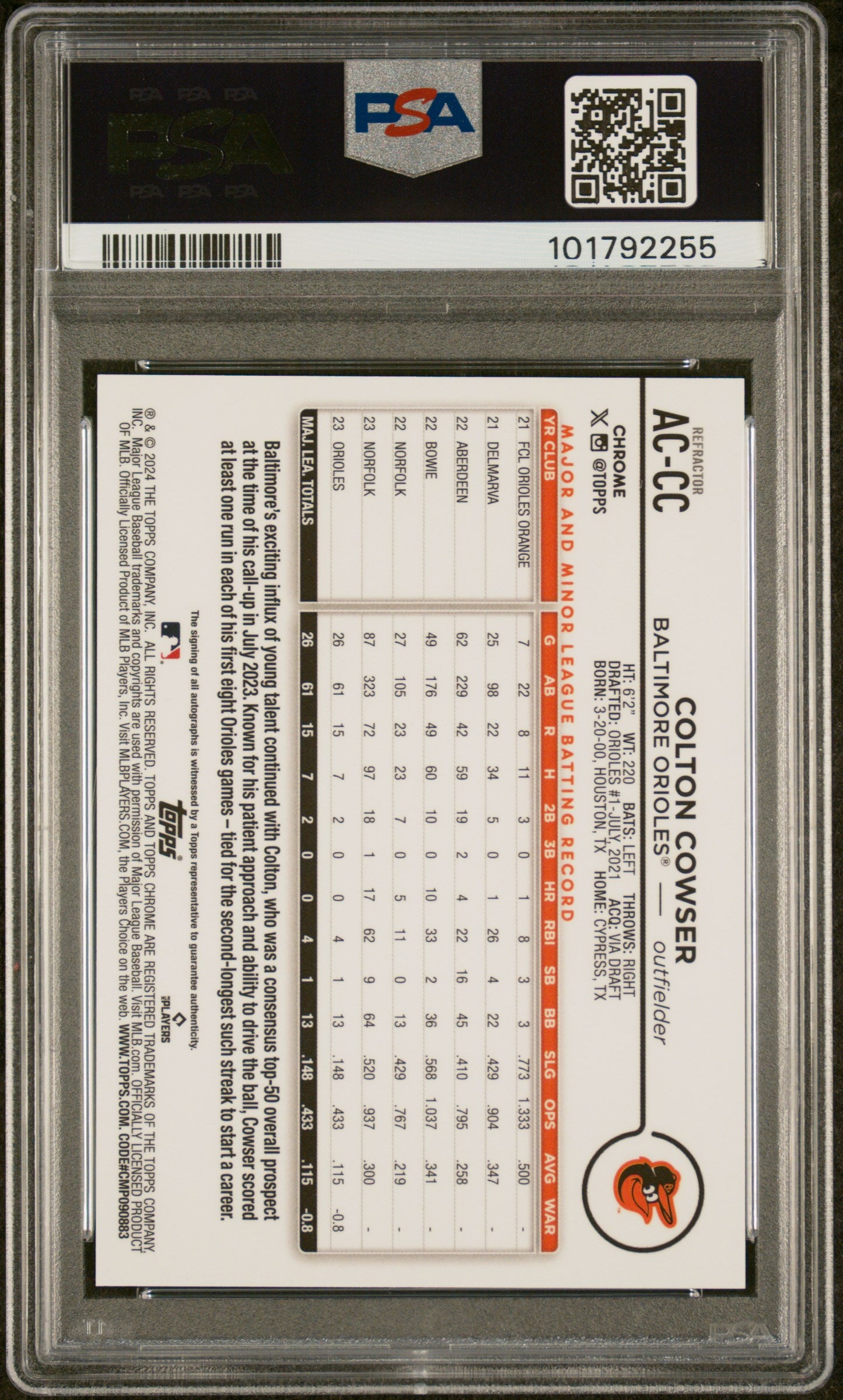 2024 Topps Chrome Update Autographs #ACCC Colton Cowser Refractor/499 PSA 9