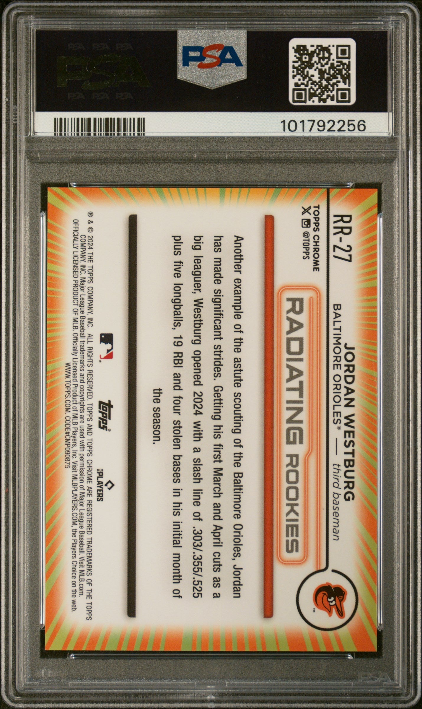 2024 Topps Chrome Radiating Rookies #RR27 Jordan Westburg Update PSA 10