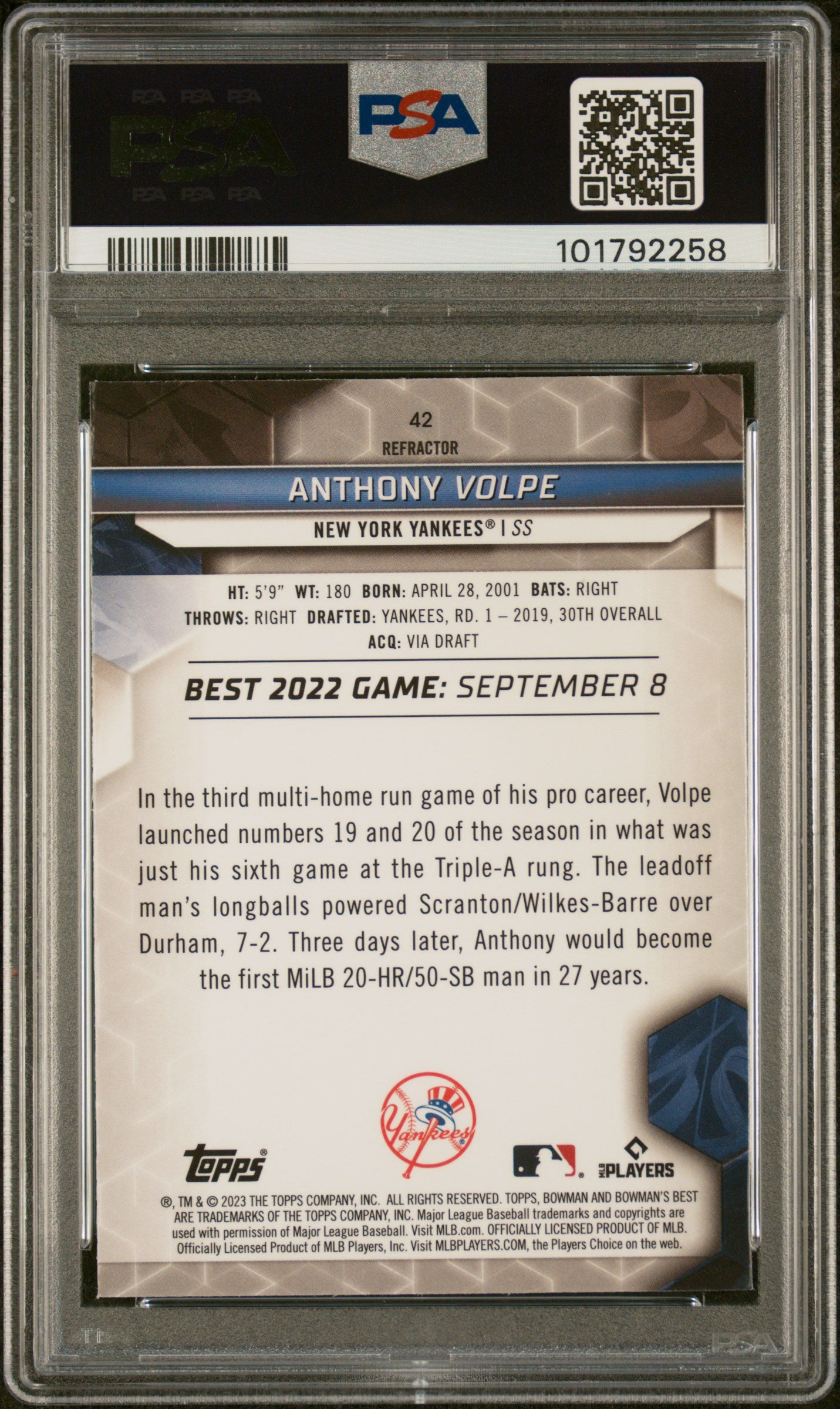2023 Bowman'S Best #42 Anthony Volpe Refractor PSA 10
