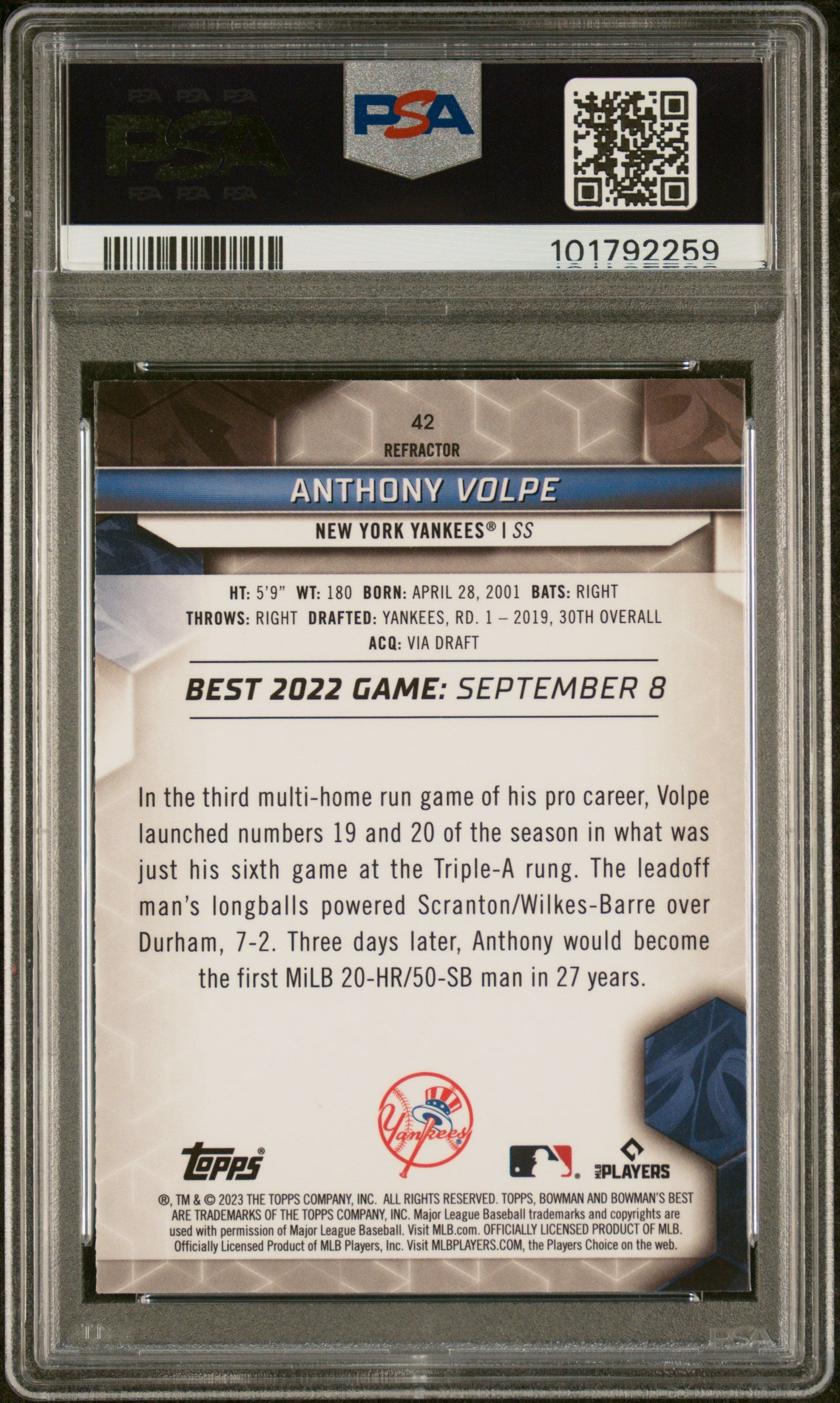 2023 Bowman'S Best #42 Anthony Volpe Refractor PSA 10