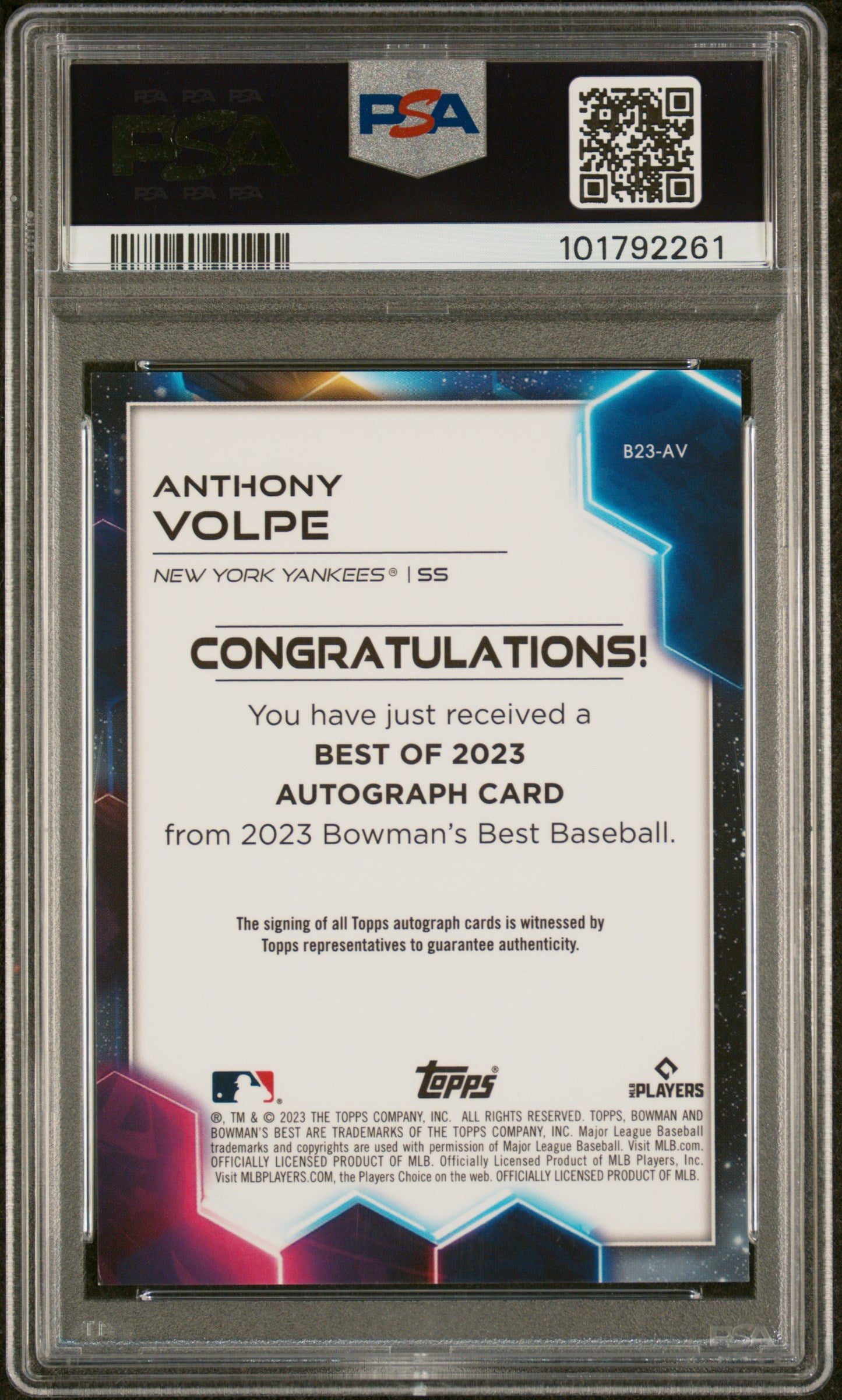 2023 Bowman’s Best Autographs #B23AV Anthony Volpe Green/99 PSA 9