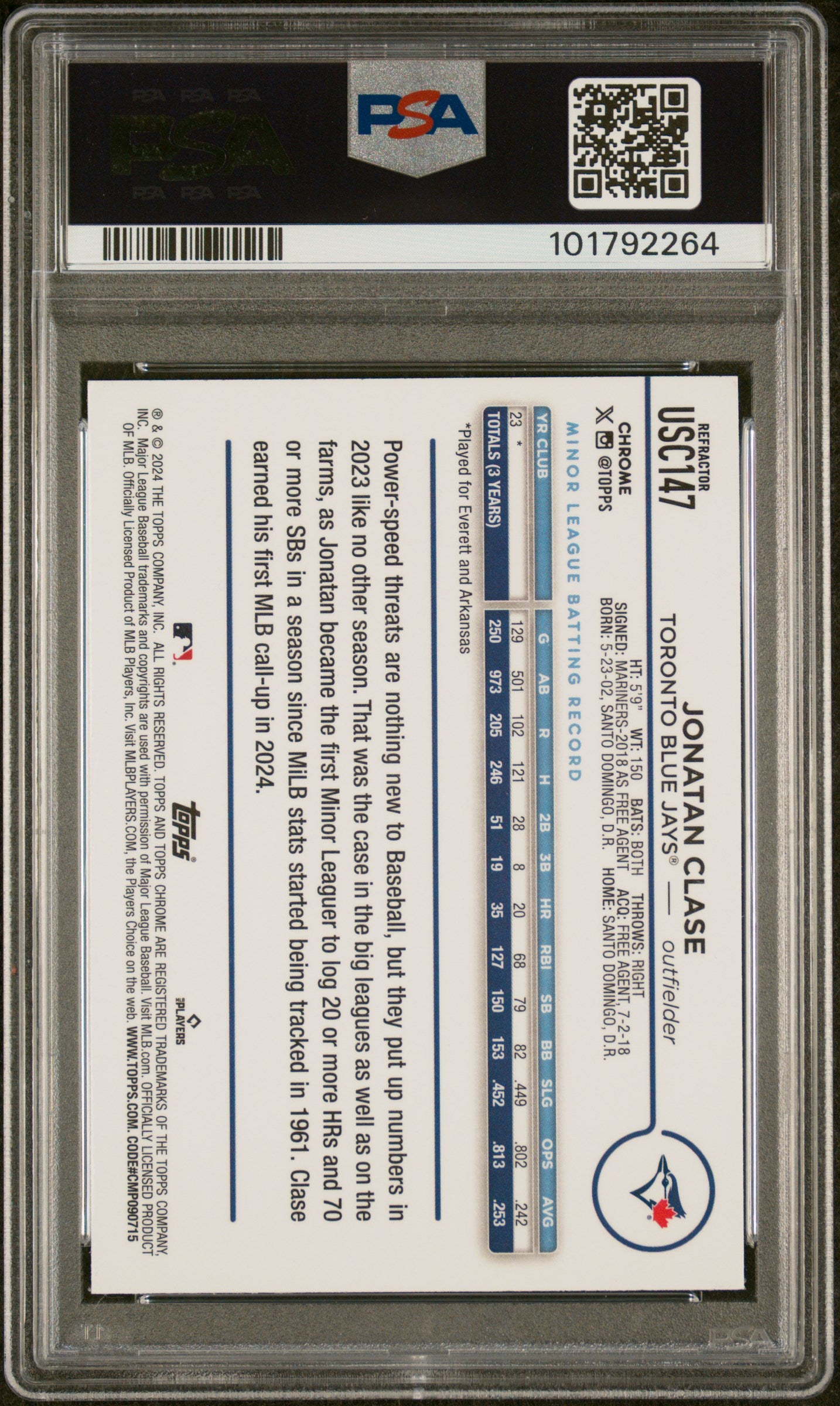 2024 Topps Chrome Update #USC147 Jonatan Clase Refractor PSA 9